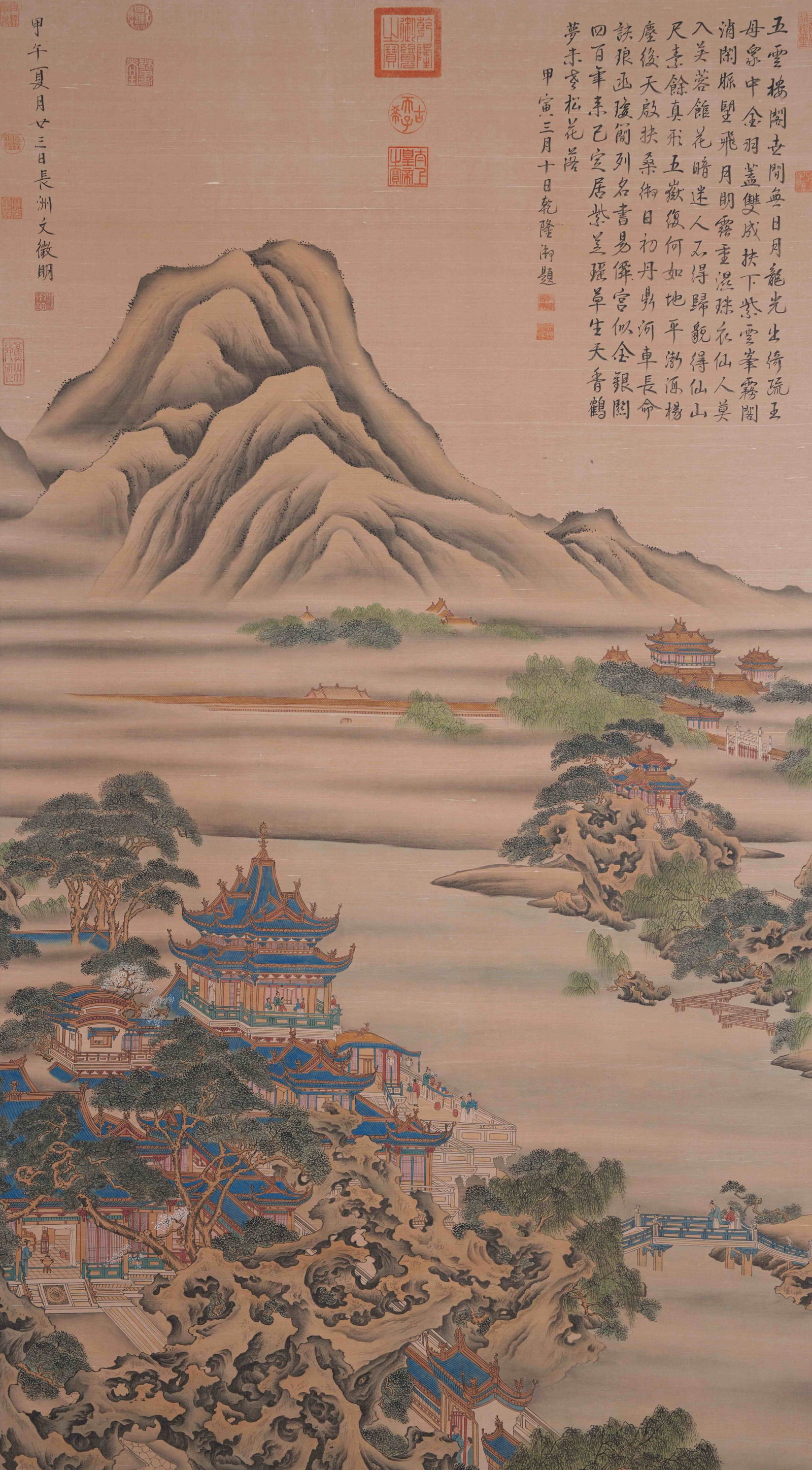 A LANDSCAPE AND PAVILION PAINTING ON SILK BY WEN ZHENGMING.文徵明: Landscape and Pavilion Painting on Silk by Wen Zhengming.文徵明