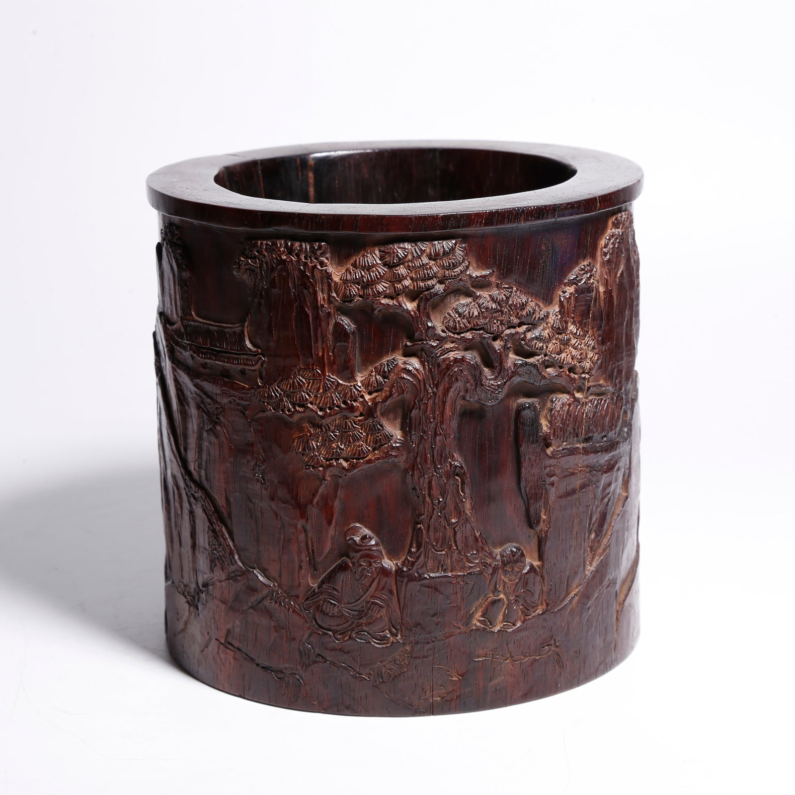 A RED SANDALWOOD CARVED BRUSH POT WITH FIGURE STORY PATTERN: Red Sandalwood Carved Brush Pot with Figure Story Pattern