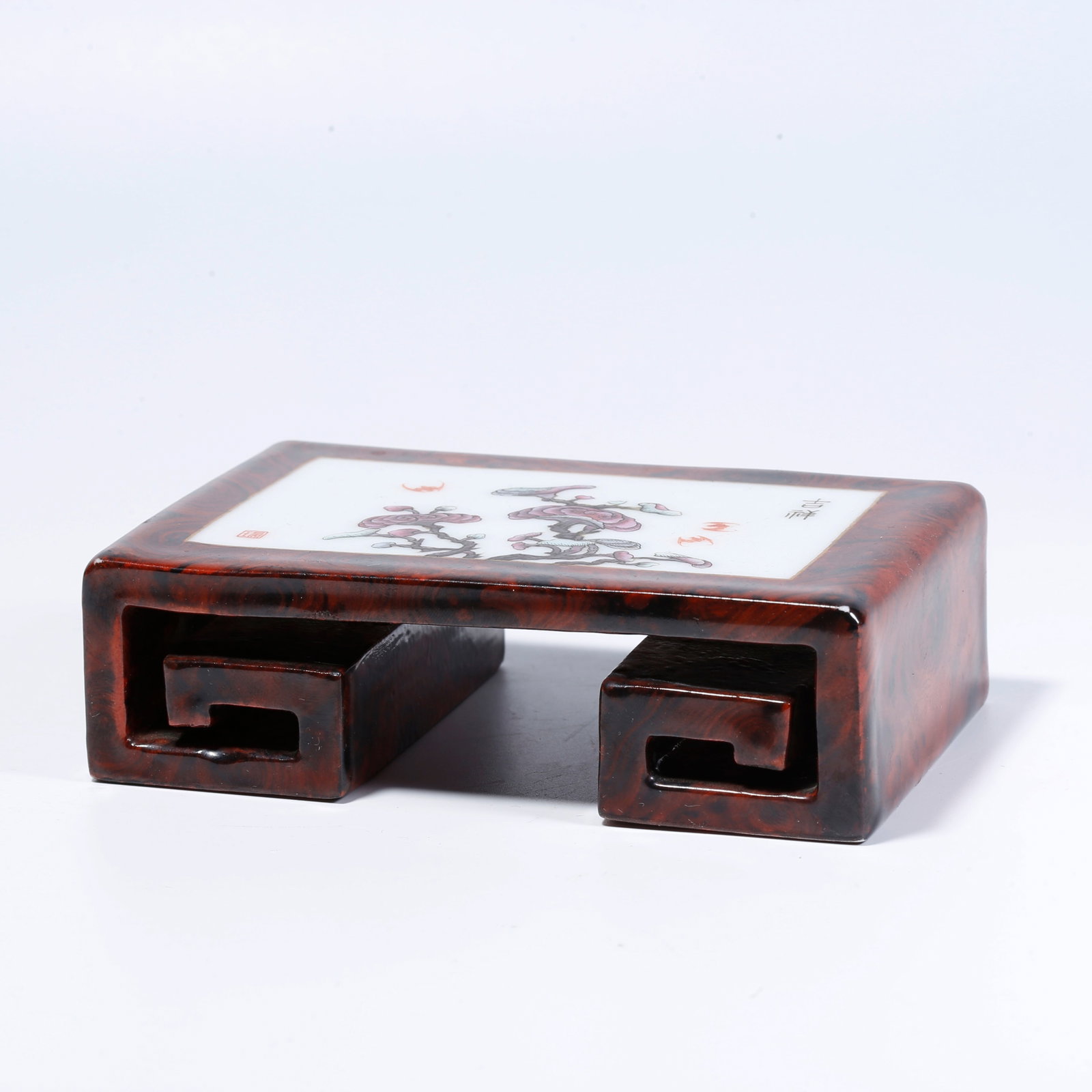 A WOOD-GRAIN GLAZED SMALL TEA TABLE WITH WINDOWED FORTUNE AND LONGEVITY PATTERN (1 of 9)