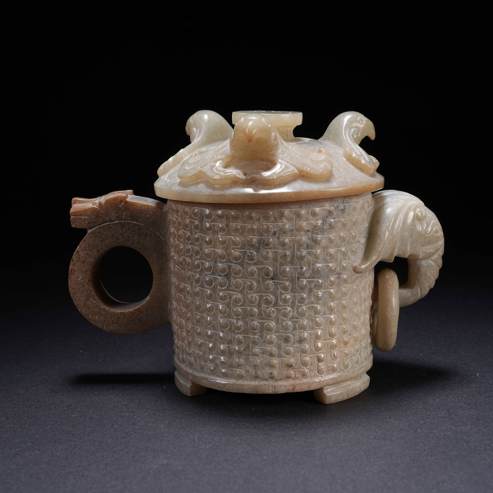 A ANCIENT JADE PHOENIX LIDDED CUP WITH DRAGON HANDLE, ELEPHANT EARS AND MOVABLE RINGS (1 of 10)