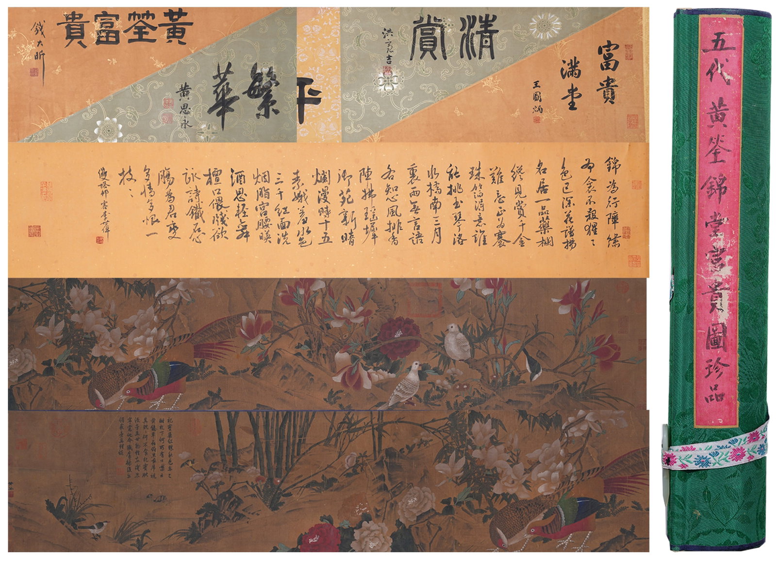 A HAND SCROLL OF PROSPERITY IN MAGNIFICENT HALL ON SILK BY HUANG QUAN.黃荃: Hand Scroll of Prosperity in Magnificent Hall on Silk by Huang Quan.黃荃