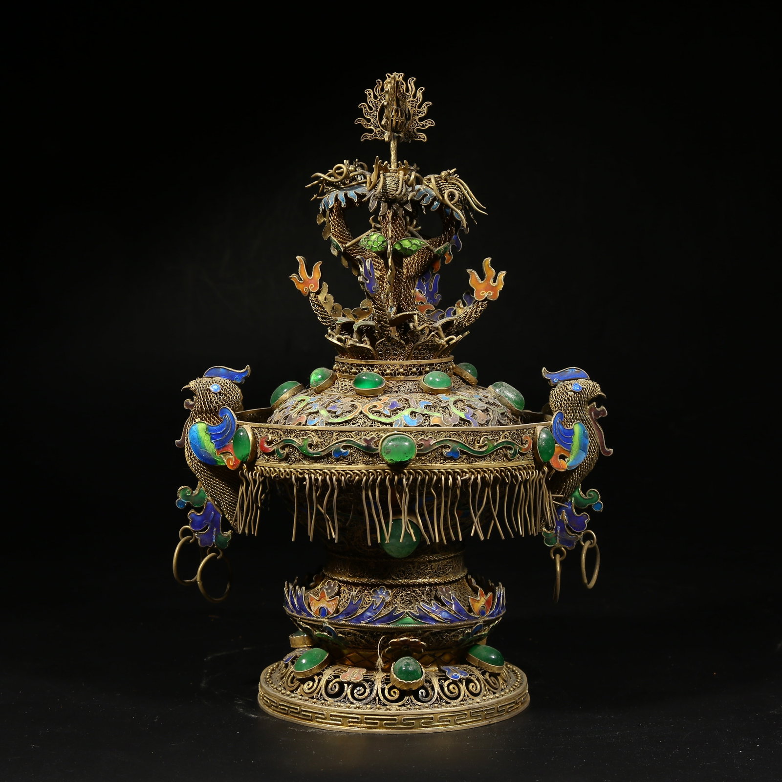 A GILDED SILVER FILIGREE CLOISONNÉ DRAGON-THEMED ORNAMENT: Gilded silver filigree cloisonne dragon-themed ornament