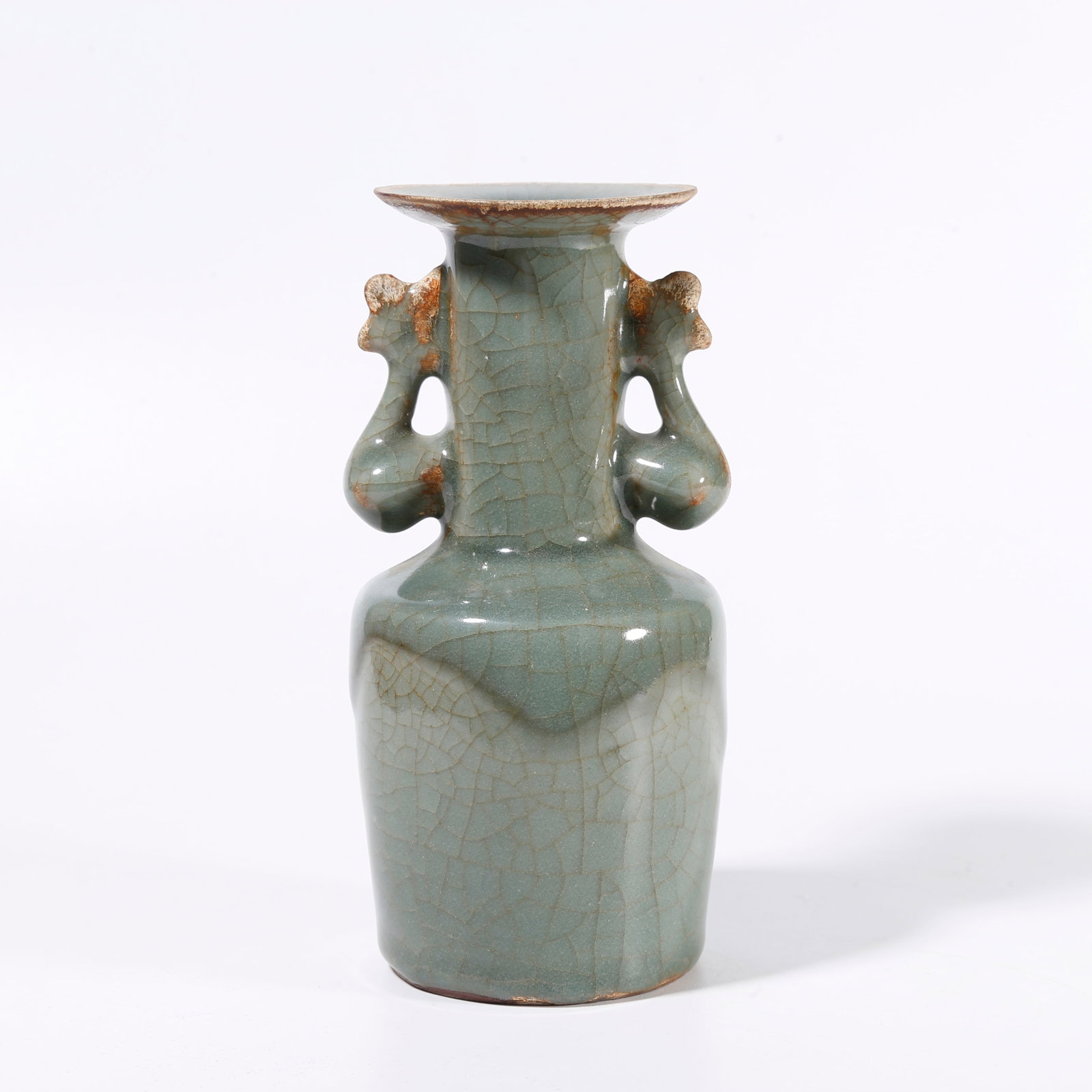 A DISH-MOUTHED VASE WITH DOUBLE HANDLES FROM LONGQUAN KILN: Dish-Mouthed Vase with Double Handles from Longquan Kiln