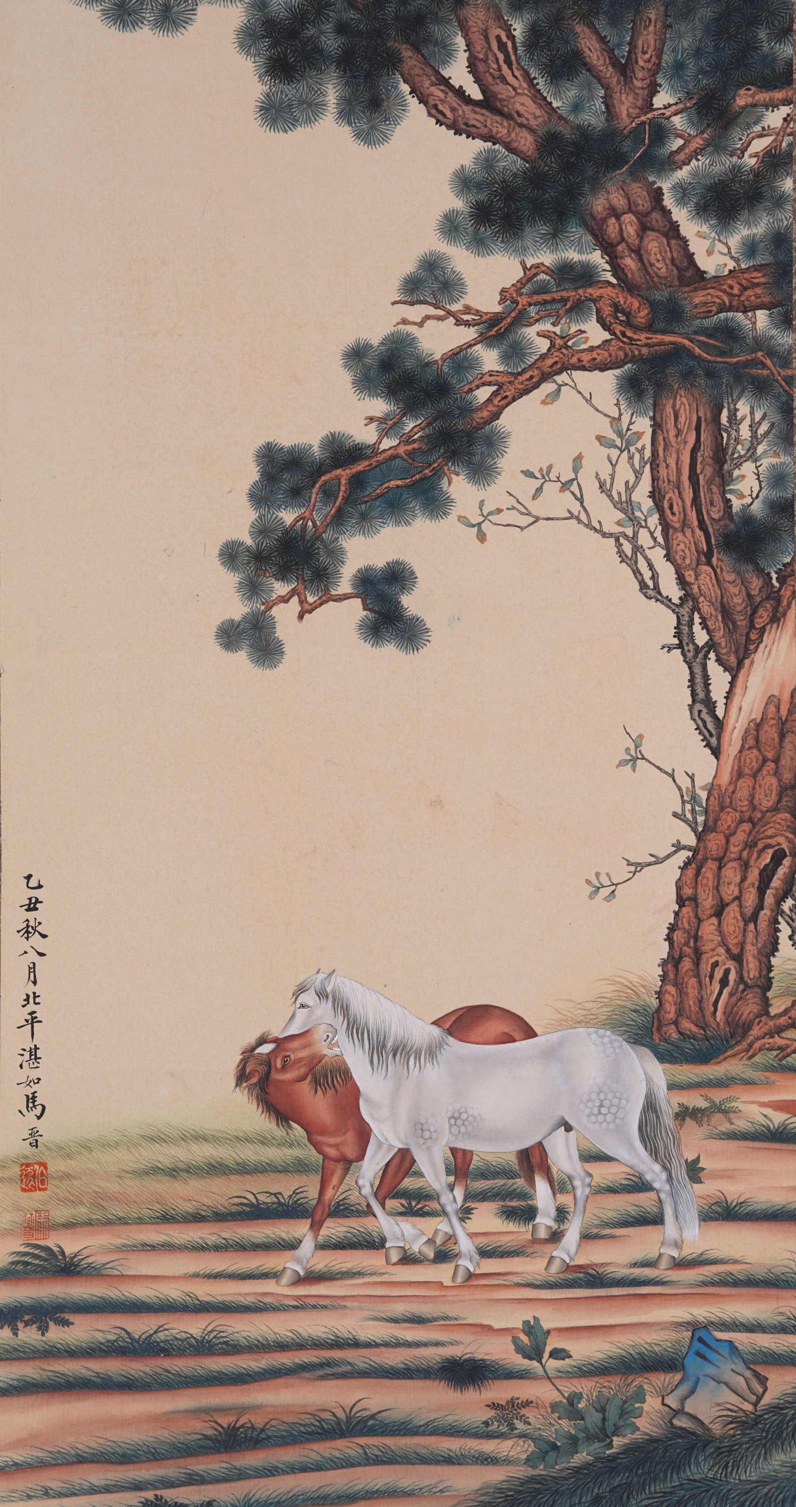 A DOUBLE HORSE PAINTING ON SILK BY MA JIN.馬晉: Double Horse Painting on Silk by Ma Jin.馬晉