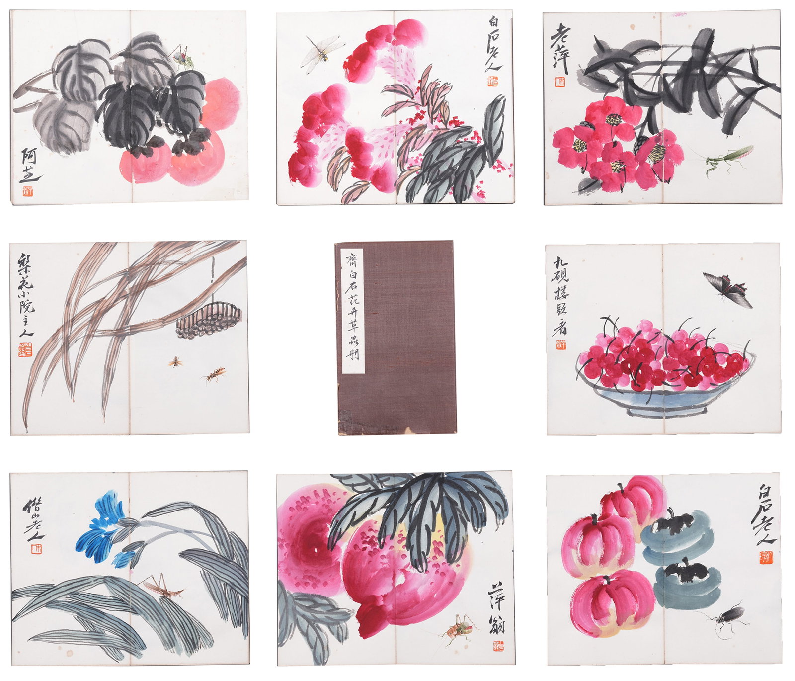 A ALBUM OF FLOWER AND INSECT PAINTINGS ON PAPER BY QI BAISHI (24 LEAVES).齊白石: Album of Flower and Insect Paintings on Paper by Qi Baishi (24 Leaves).齊白石
