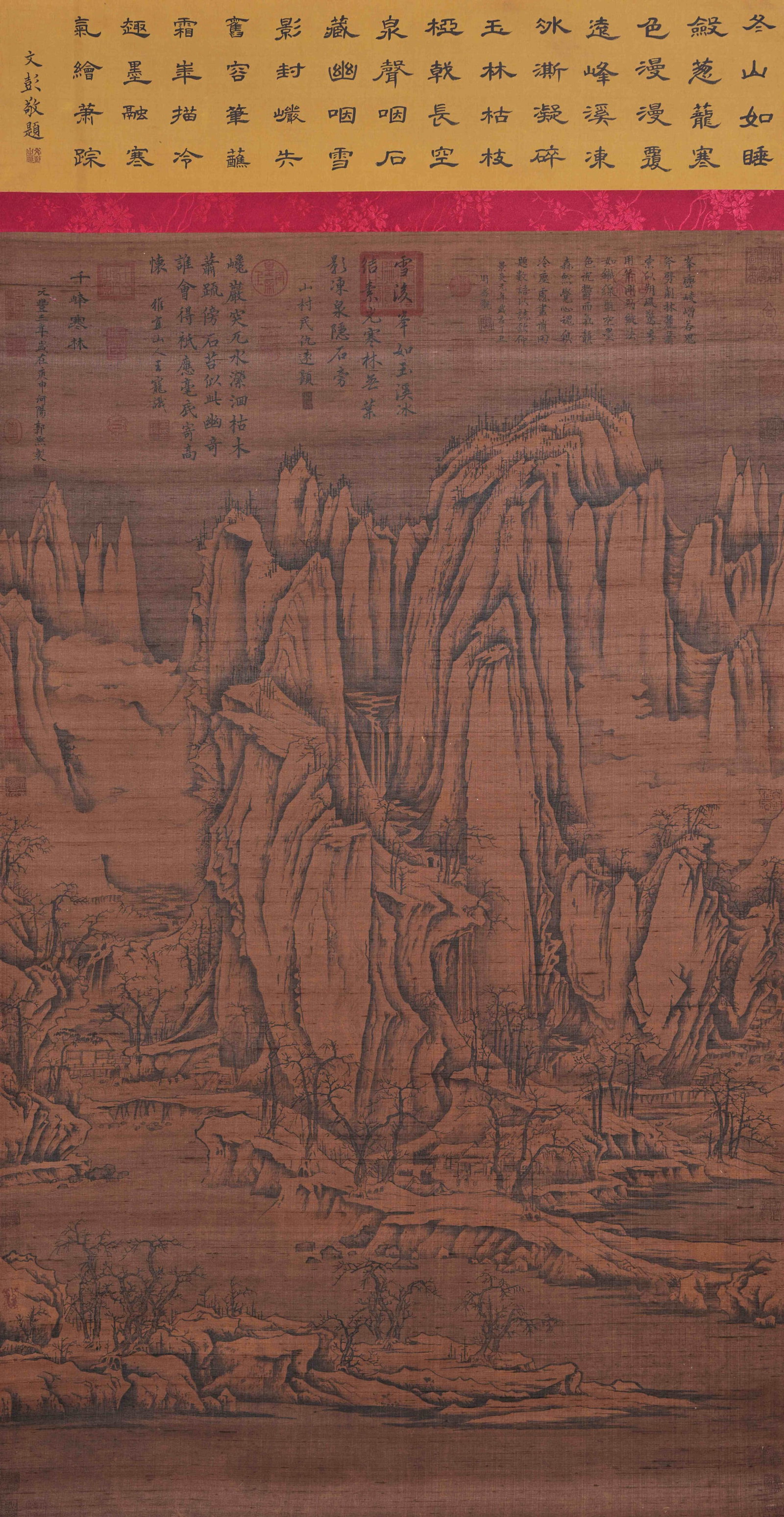 A COLD FOREST AMONG THOUSAND PEAKS LANDSCAPE PAINTING ON SILK BY GUO XI.郭熙: Cold Forest Among Thousand Peaks Landscape Painting on Silk by Guo Xi.郭熙