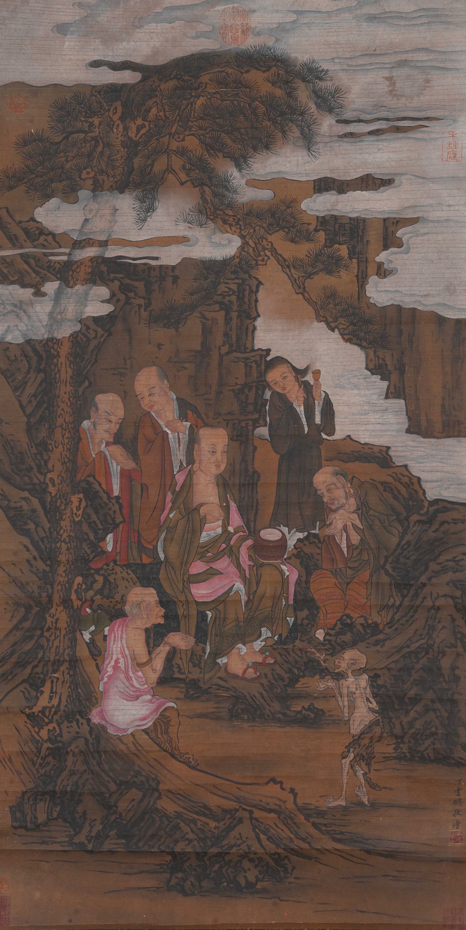 A ARHAT PAINTING ON SILK BY DING YUNPENG.丁雲鵬: Arhat Painting on Silk by Ding Yunpeng.丁雲鵬