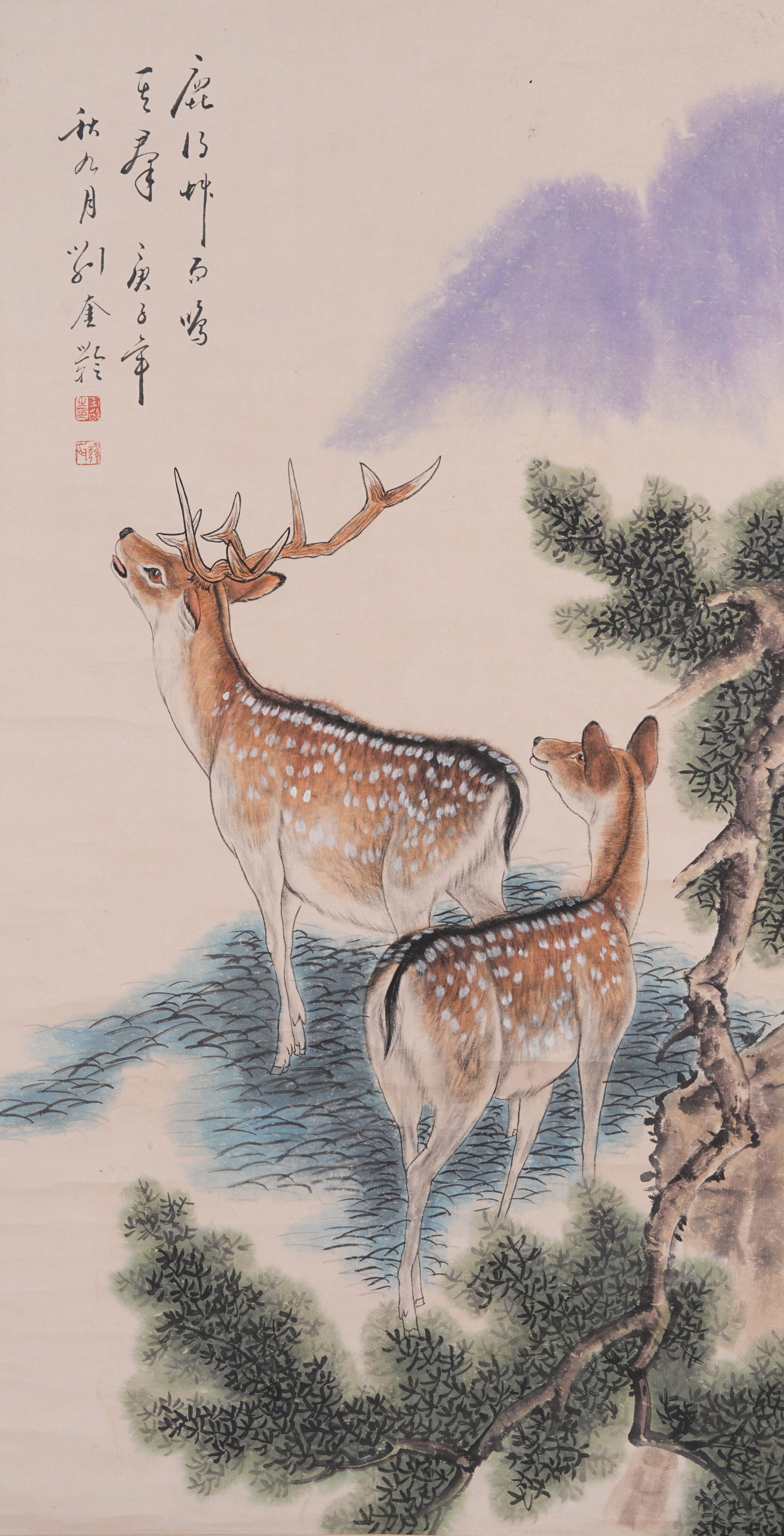A DOUBLE DEER PAINTING ON PAPER BY LIU KUILING.劉奎齡: Double Deer Painting on Paper by Liu Kuiling.劉奎齡