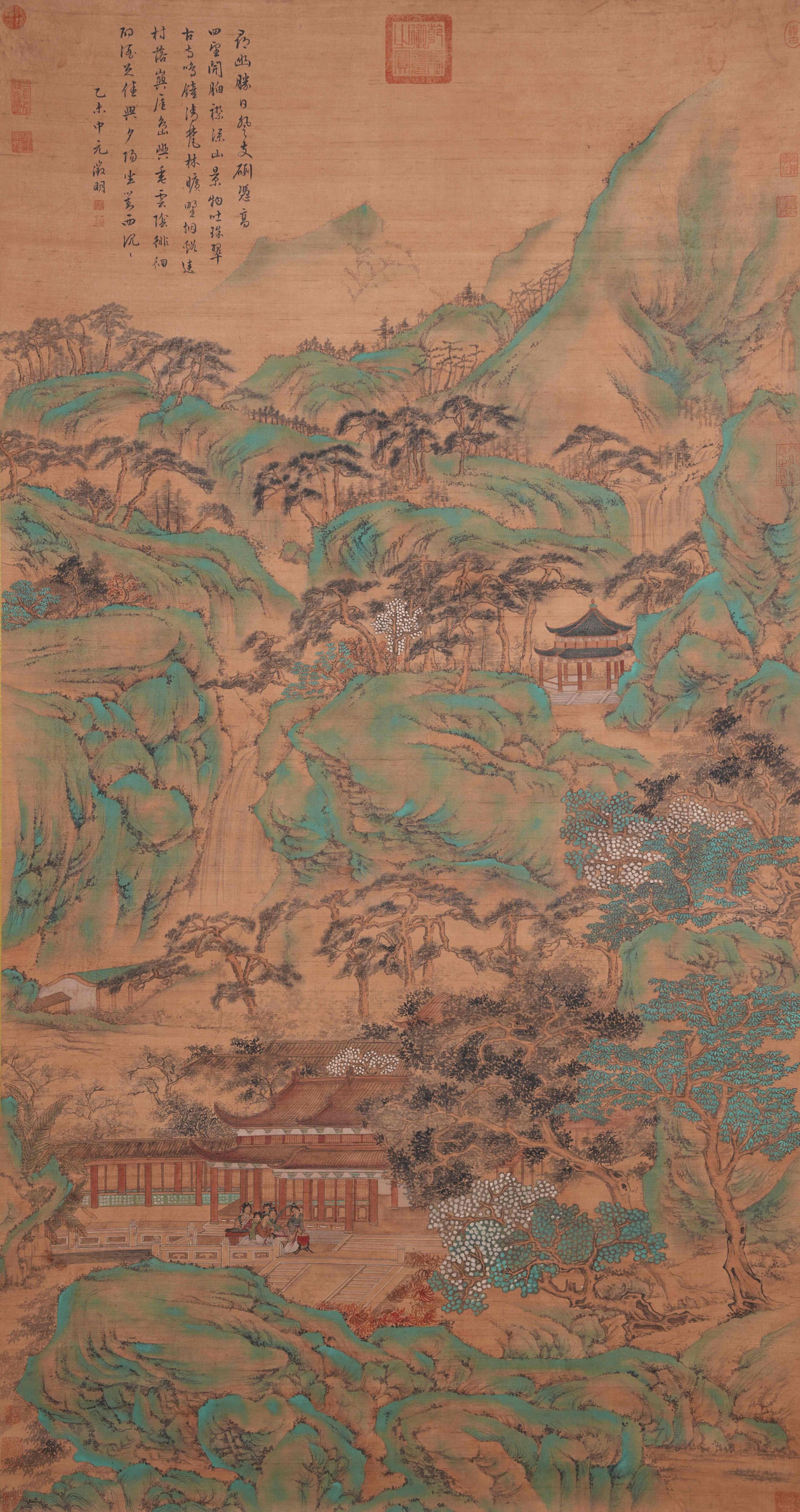 A LANDSCAPE PAINTING ON SILK BY WEN ZHENGMING.文徵明: Landscape Painting on Silk by Wen Zhengming.文徵明