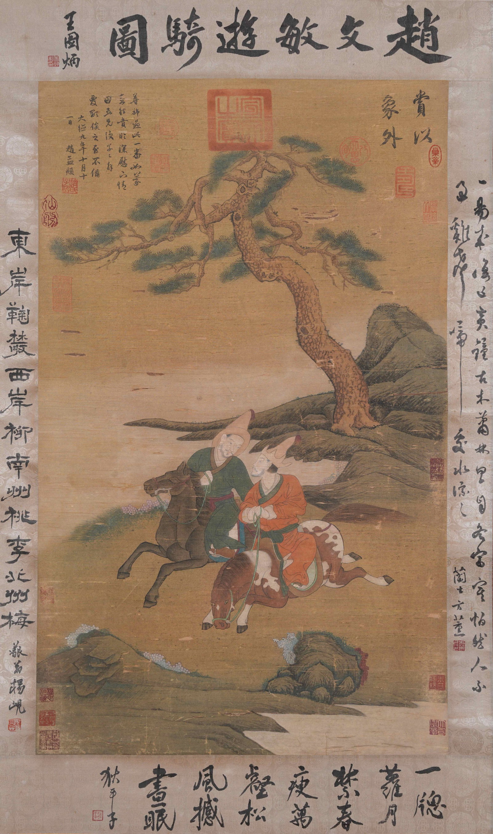 A RIDER TOUR PAINTING ON SILK BY ZHAO MENGFU.趙孟頫: Rider Tour Painting on Silk by Zhao Mengfu.趙孟頫