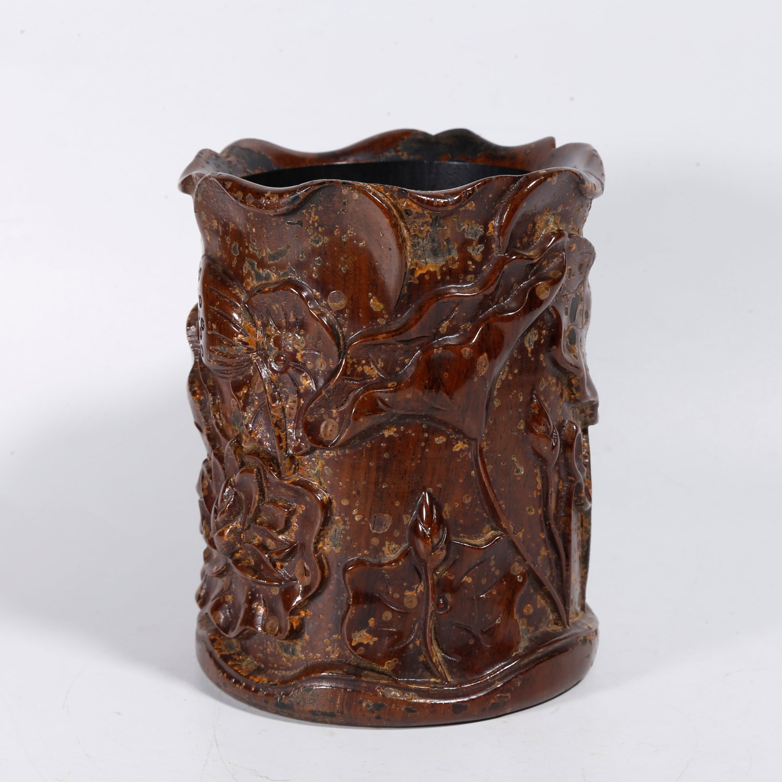 A WOODEN BRUSH POT WITH LOTUS PATTERN: Wooden Brush Pot with Lotus Pattern