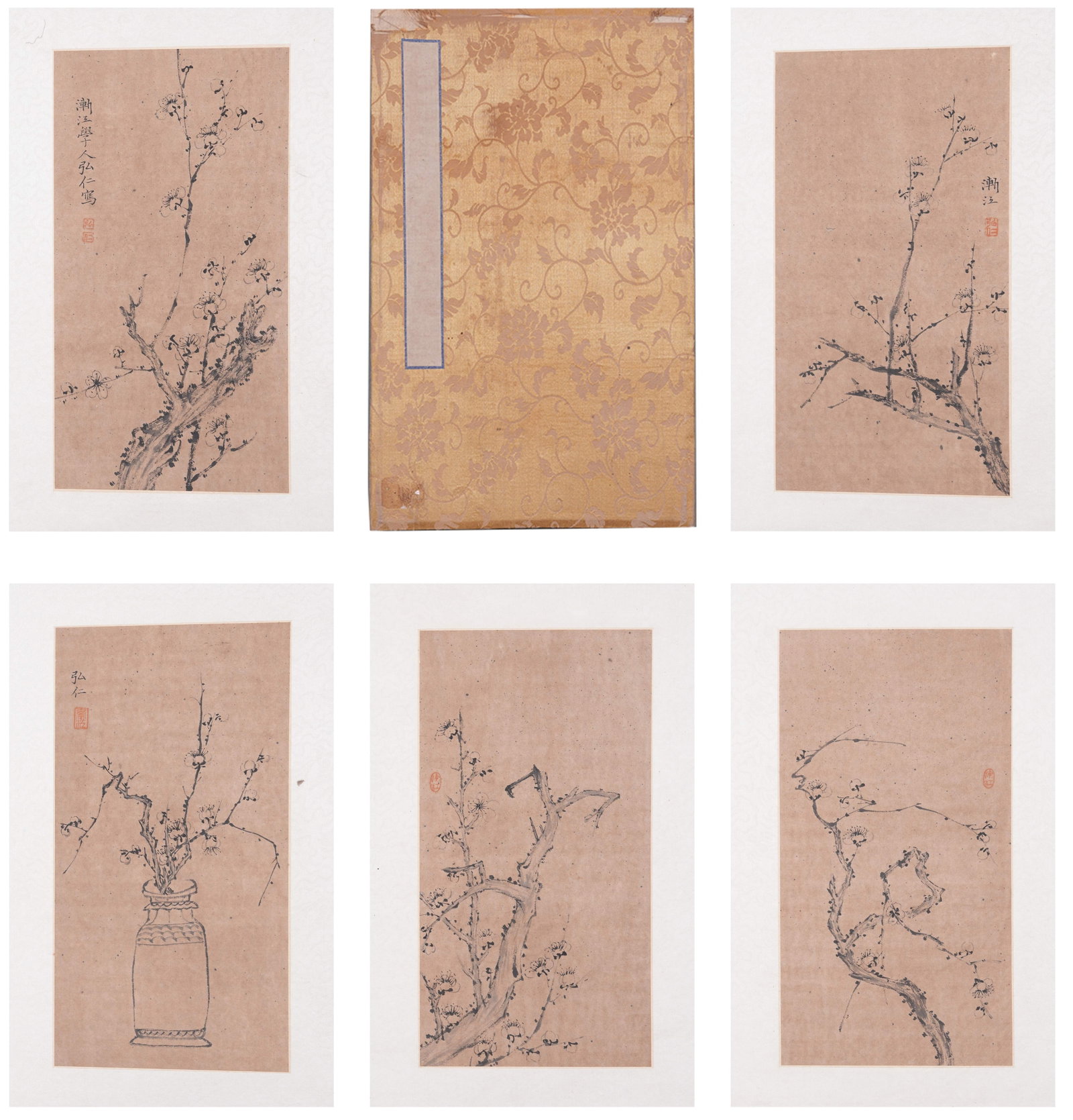 A ALBUM OF PLUM BLOSSOM PAINTINGS ON PAPER BY HONG REN (6 LEAVES).弘仁: Album of Plum Blossom Paintings on Paper by Hong Ren (6 Leaves).弘仁
