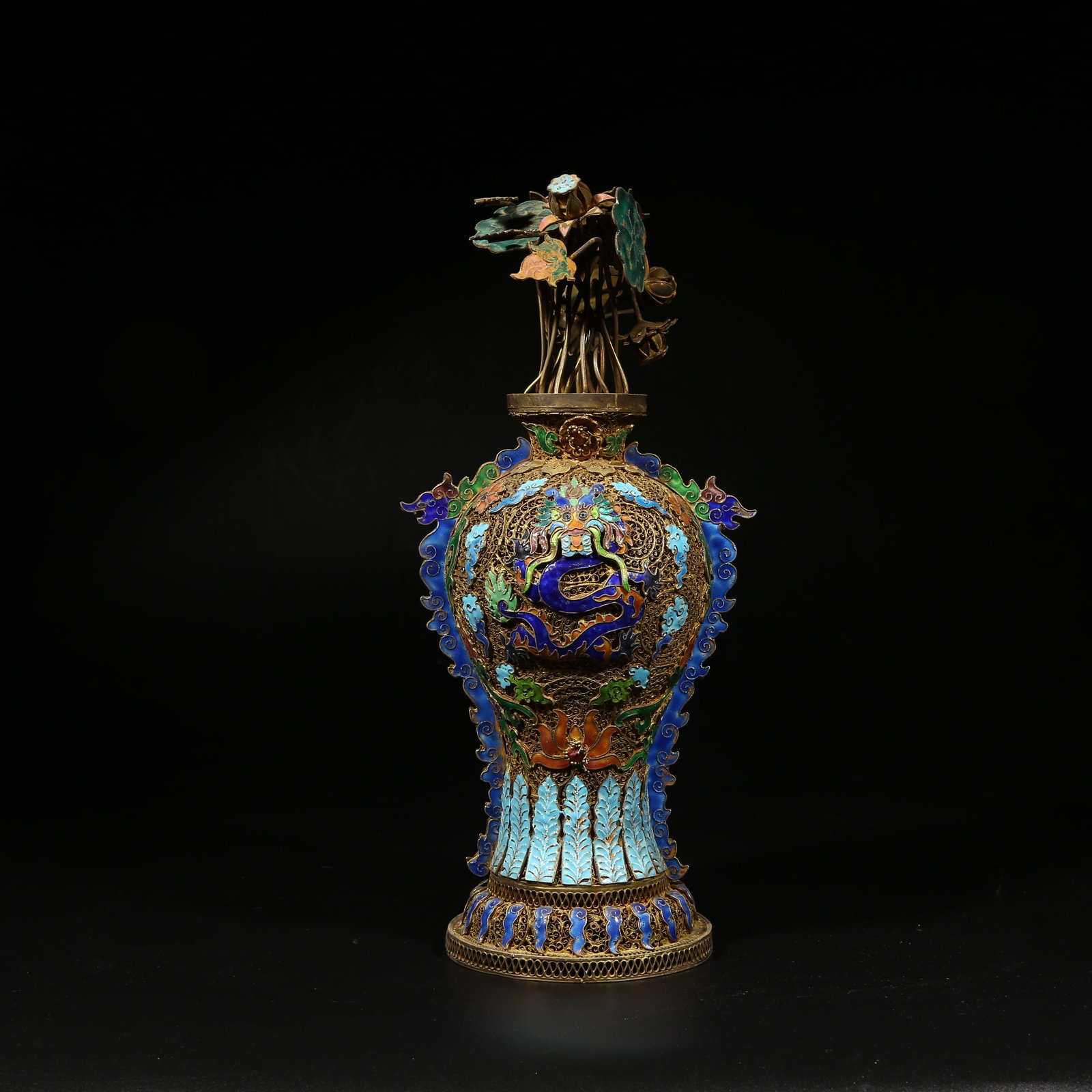 A GILDED SILVER FILIGREE CLOISONNÉ VASE WITH DRAGON MOTIF: Gilded silver filigree cloisonne vase with dragon motif