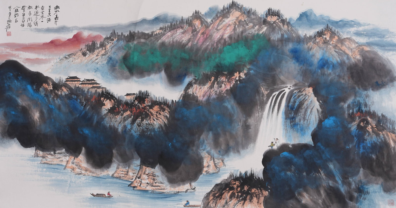 A SPLASHED COLOR LANDSCAPE PAINTING MOUNT ON PAPER BY ZHANG DAQIAN.張大千: Splashed Color Landscape Painting Mount on Paper by Zhang Daqian.張大千