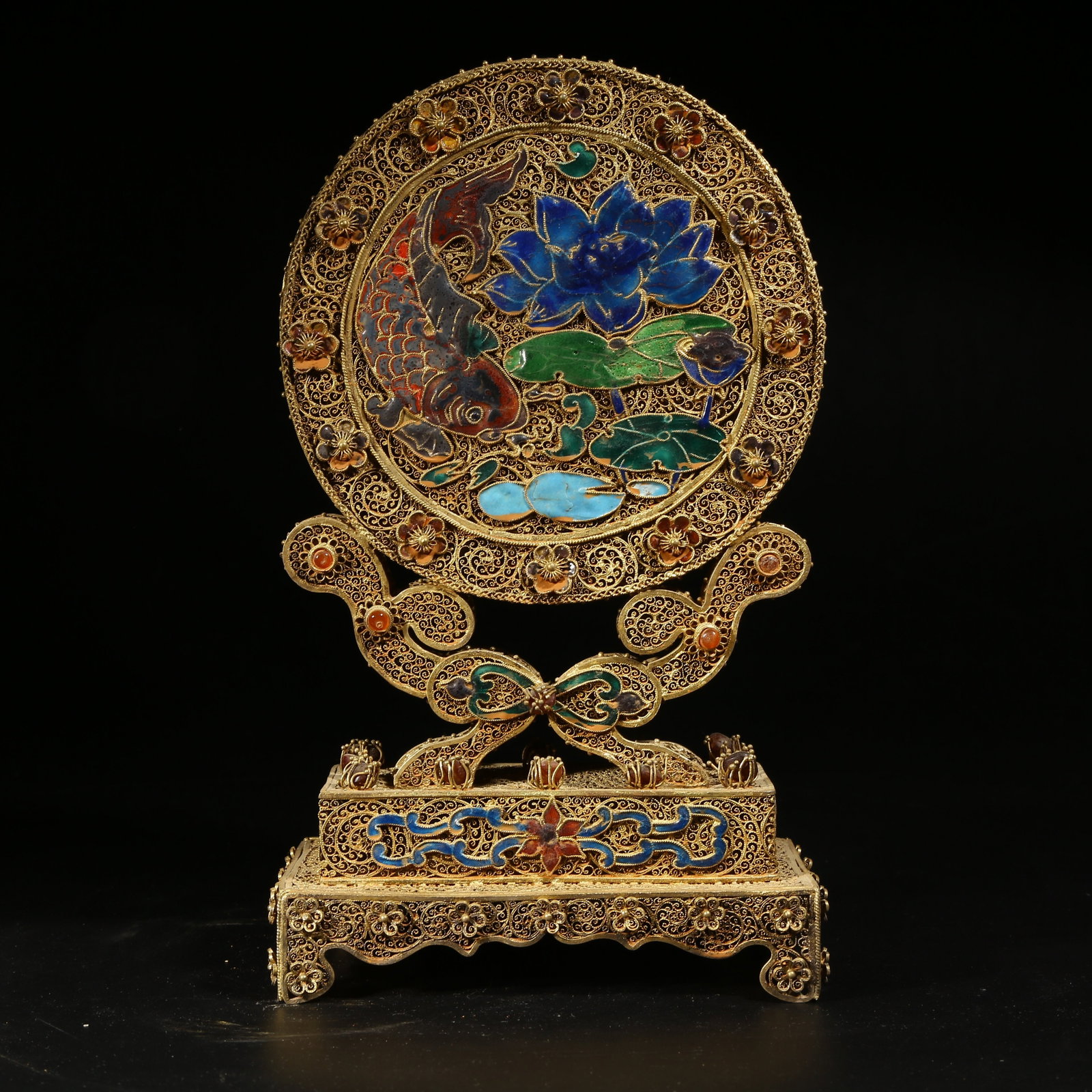 A GILDED SILVER FILIGREE CLOISONNÉ INK SCREEN TITLED ABUNDANCE YEAR AFTER YEAR: Gilded silver filigree cloisonne ink screen titled Abundance Year After Year
