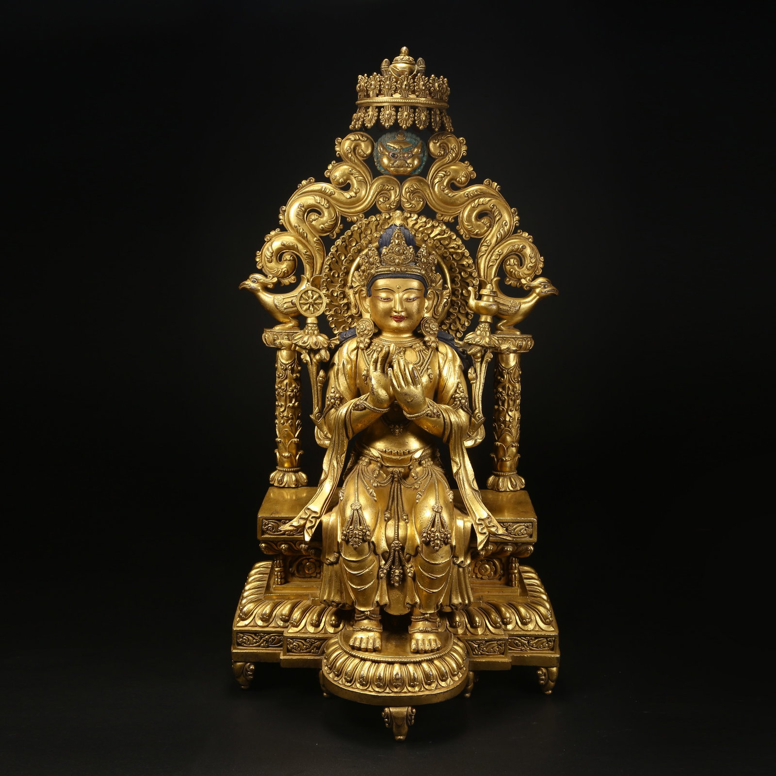 A GILT BRONZE SEATED STATUE OF MAITREYA BODHISATTVA: Gilt bronze seated statue of Maitreya Bodhisattva