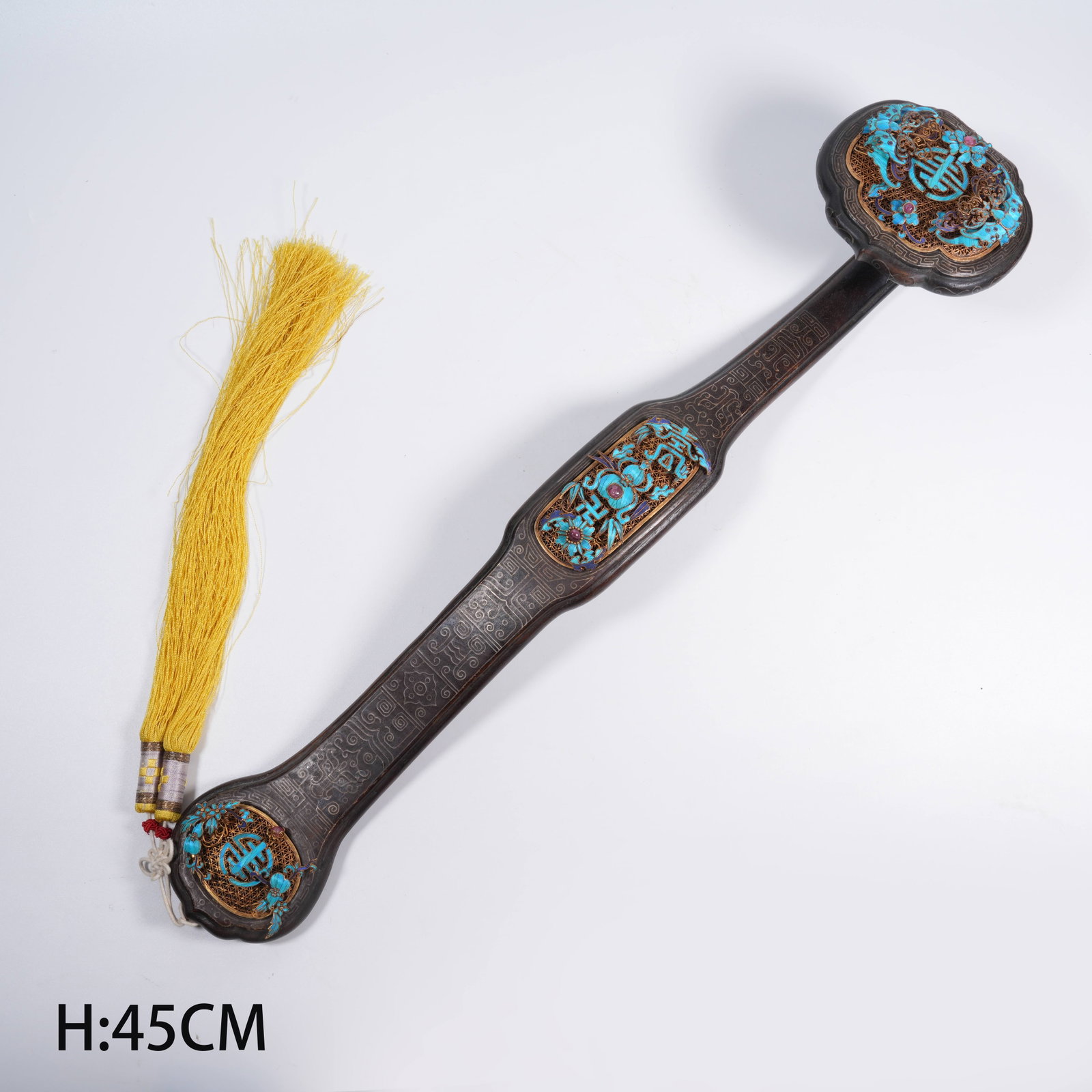 A SANDALWOOD RUYI INLAID WITH SILVER WIRE AND CLOISONNÉ LONGEVITY PATTERN: Sandalwood Ruyi Inlaid with Silver Wire and Cloisonne Longevity Pattern