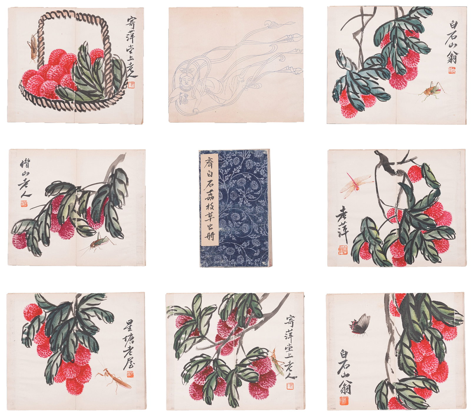 A ALBUM OF LYCHEE AND INSECT PAINTINGS ON PAPER BY QI BAISHI (11 LEAVES).齊白石 (1 of 13)
