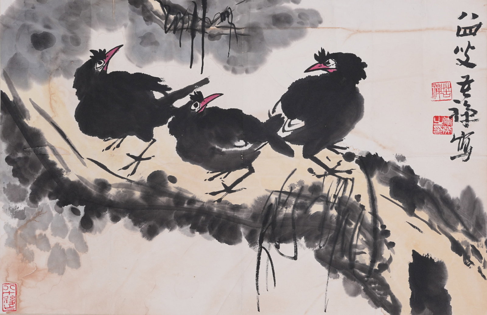 A FLOWER AND BIRD PAINTING MOUNT ON PAPER BY LI KUCHAN.李苦禪: Flower and Bird Painting Mount on Paper by Li Kuchan.李苦禪
