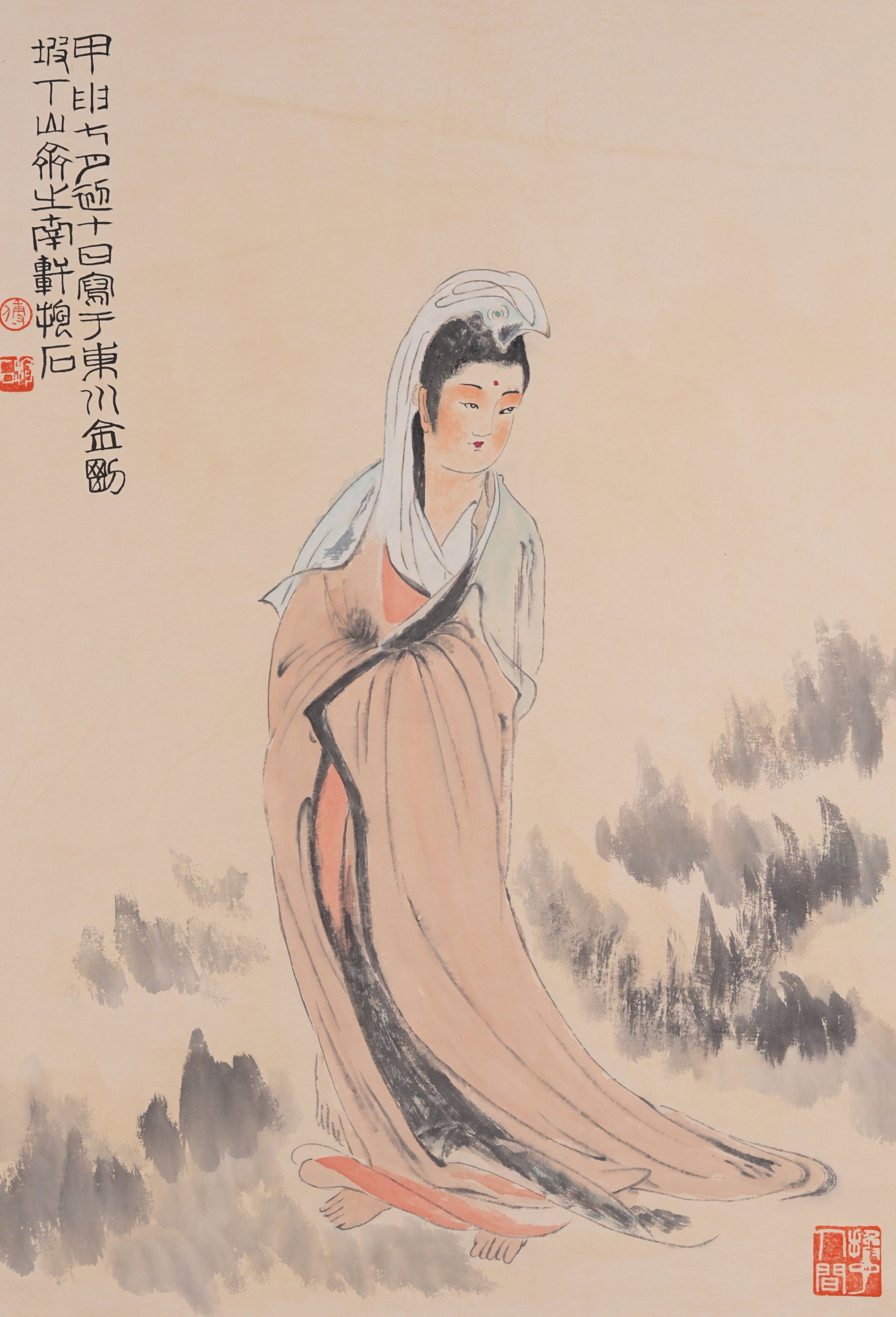 A GUANYIN PAINTING ON PAPER BY FU BAOSHI.傅抱石: Guanyin Painting on Paper by Fu Baoshi.傅抱石