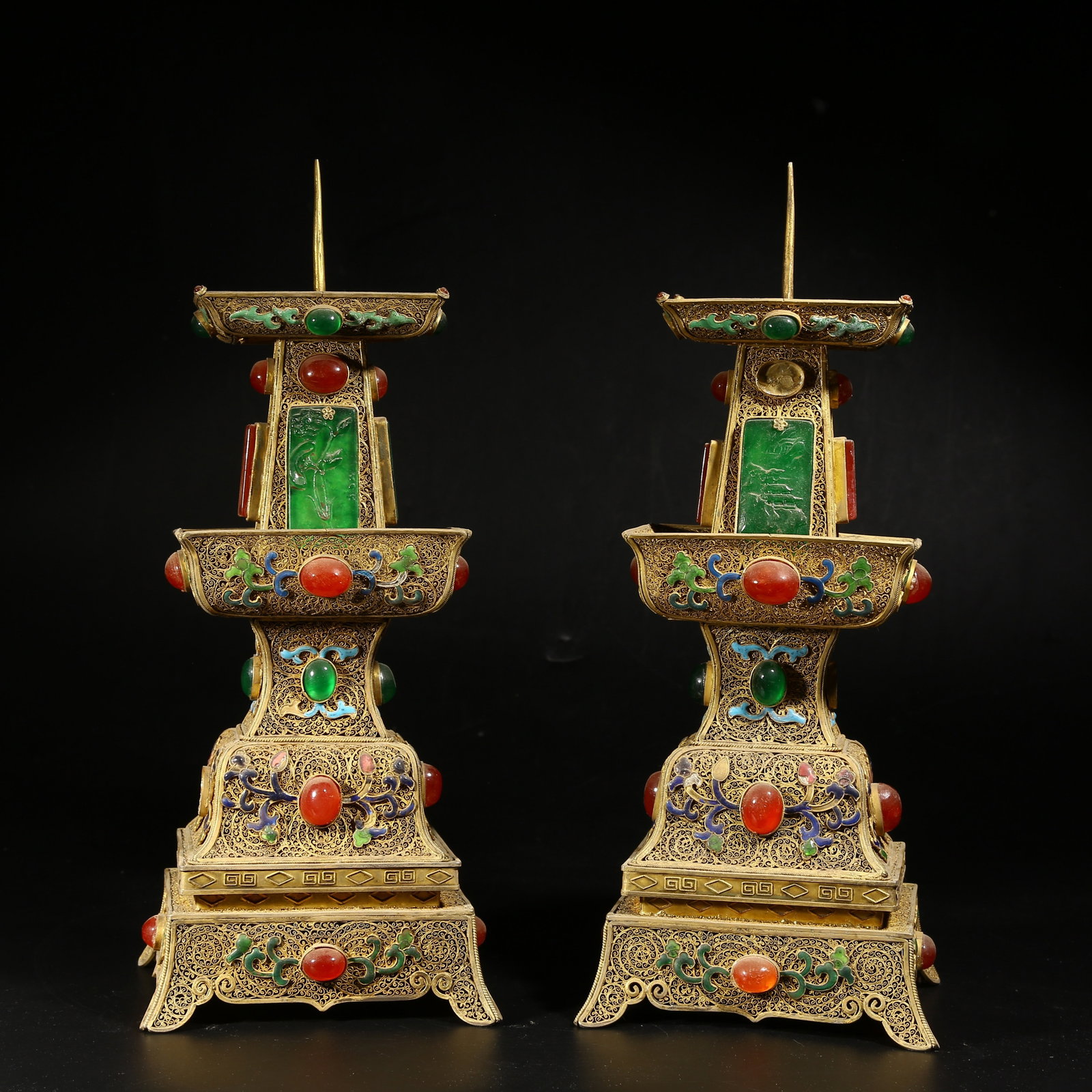 A GILDED SILVER FILIGREE CLOISONNÉ CANDLESTICK SET (1 of 10)