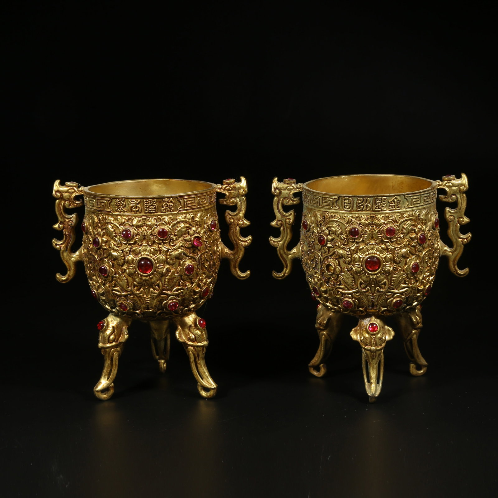 A GILT BRONZE INLAID GEMSTONE FLORAL CUP SET (1 of 9)