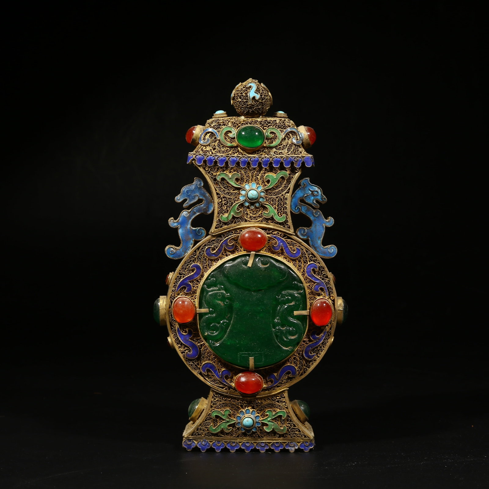 A GILDED SILVER FILIGREE CLOISONNÉ VASE WITH CHI DRAGON HANDLES: Gilded silver filigree cloisonne vase with chi dragon handles