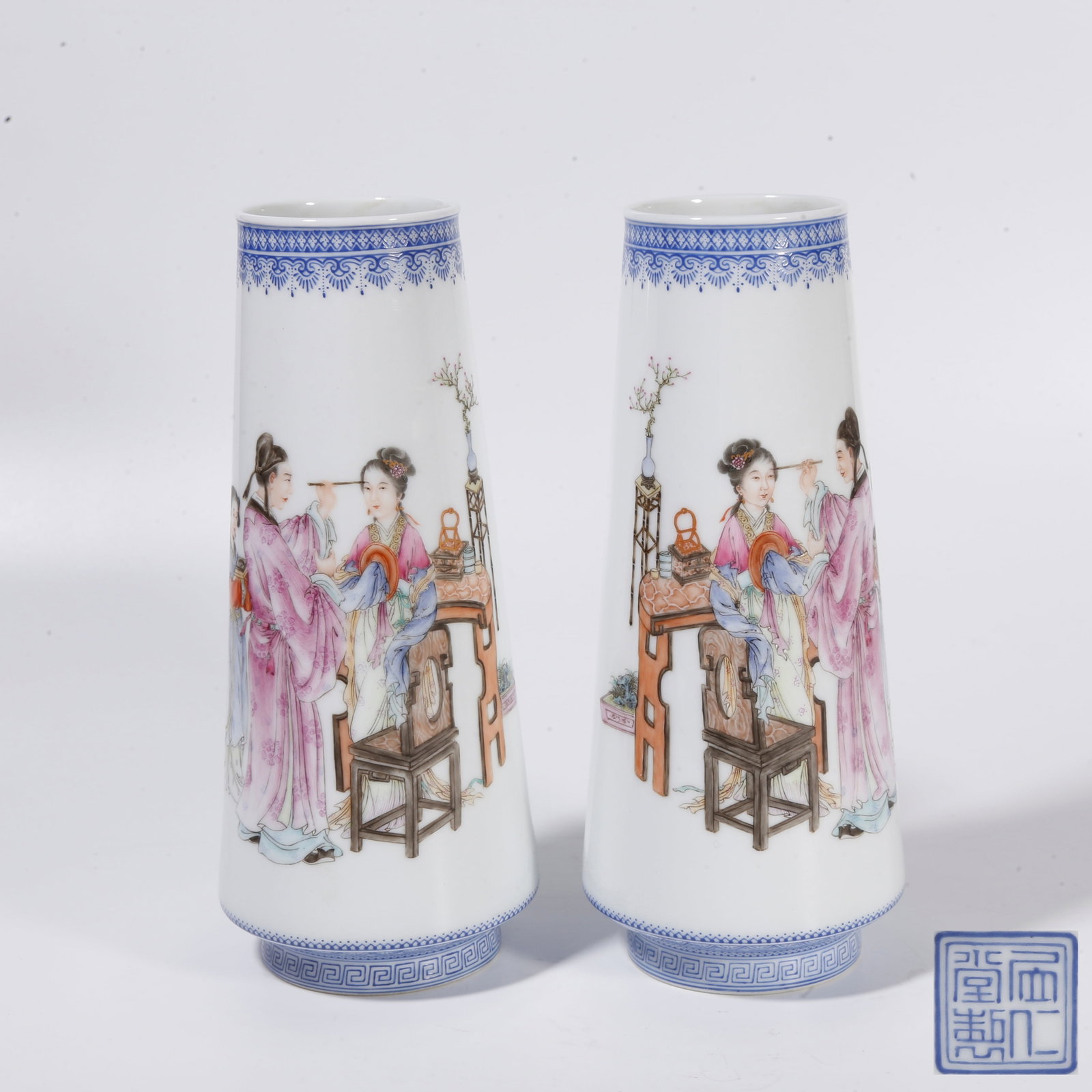 A PAIR OF FAMILLE ROSE FIGURE STORY PATTERN FLOWER VASES (1 of 11)