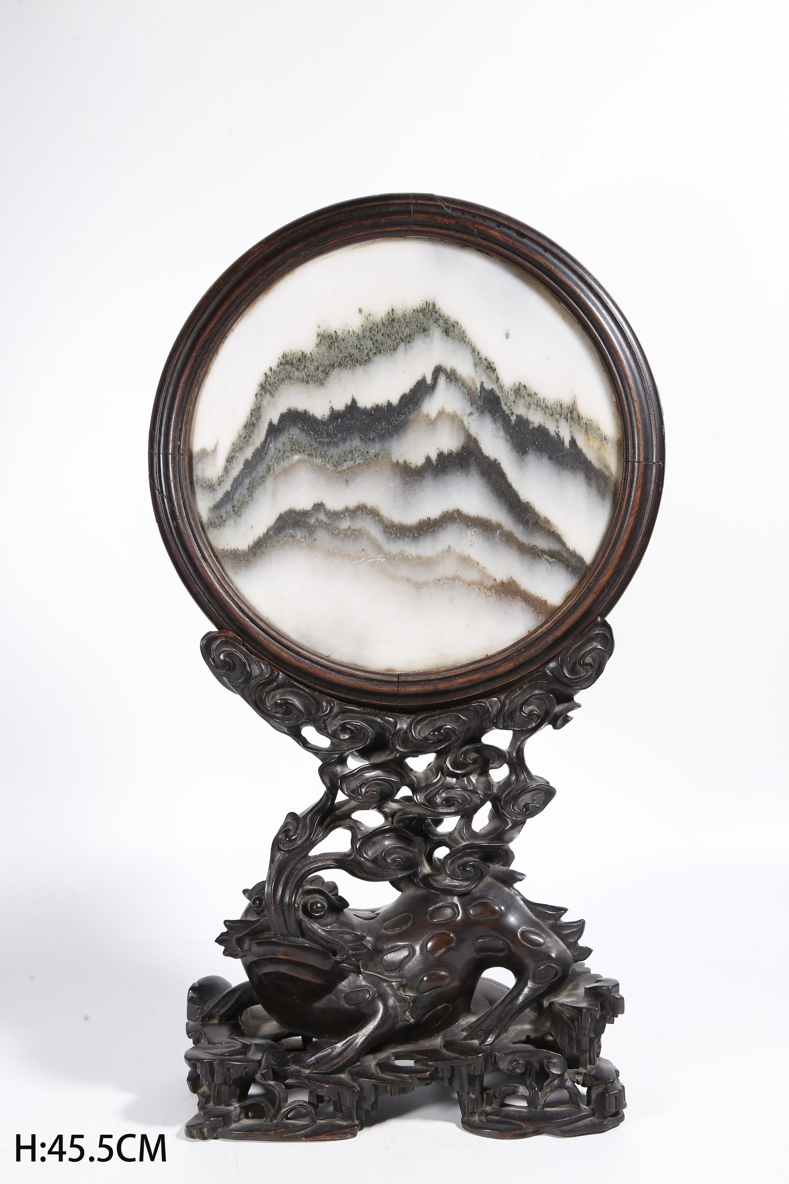 A RED SANDALWOOD CARVED INK SCREEN INLAID WITH CLOUD MARBLE (1 of 9)