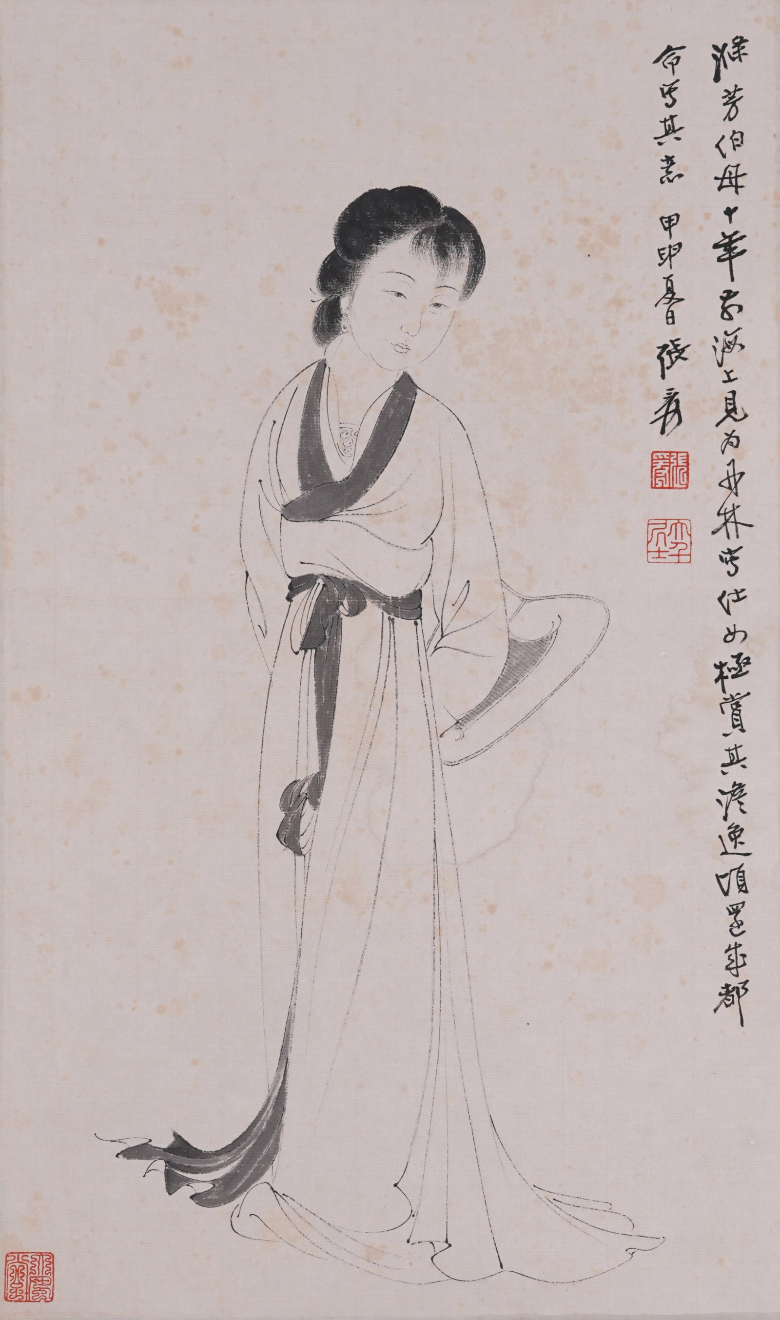 A BEAUTY PAINTING ON PAPER BY ZHANG DAQIAN.張大千: Beauty Painting on Paper by Zhang Daqian.張大千