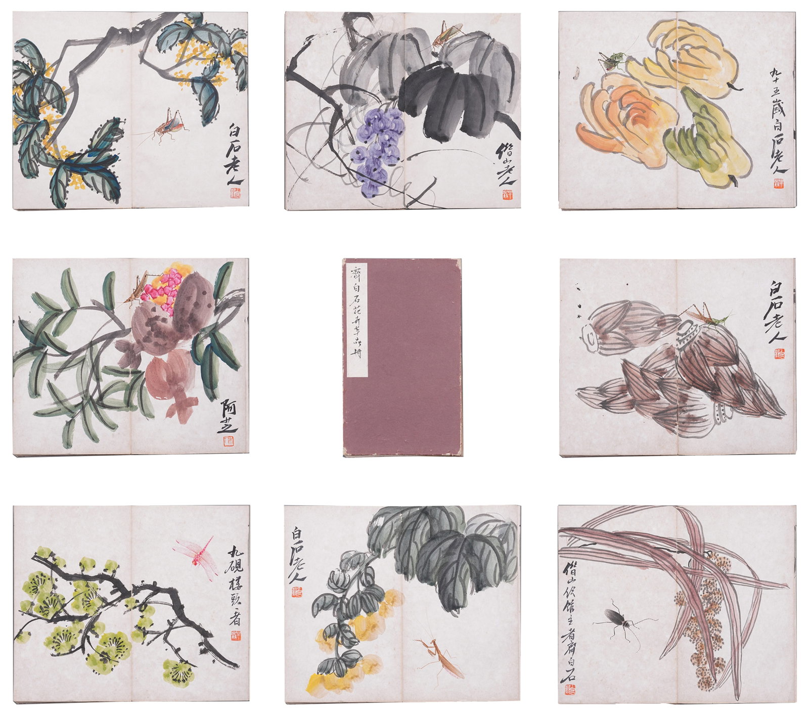 A ALBUM OF FLOWER AND INSECT PAINTINGS ON PAPER BY QI BAISHI (35 LEAVES).齊白石: Album of Flower and Insect Paintings on Paper by Qi Baishi (35 Leaves).齊白石