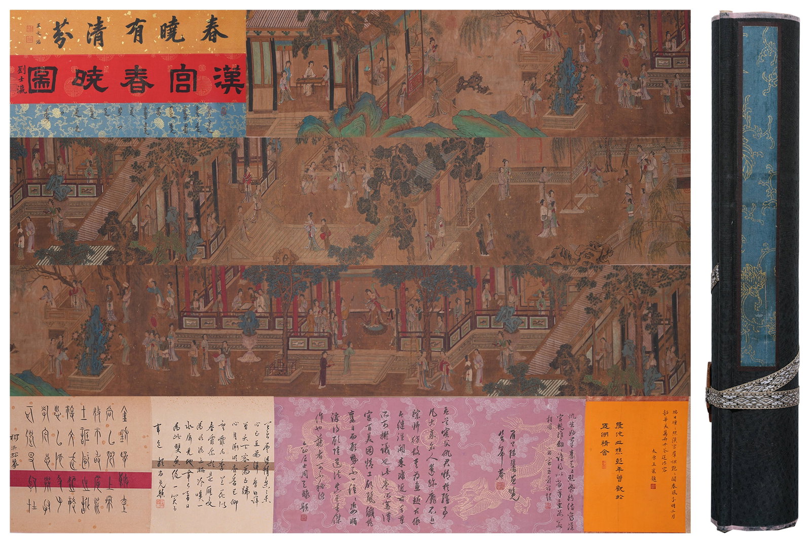 A HAND SCROLL OF SPRING DAWN IN HAN PALACE ON SILK BY QIU YING.仇英: Hand Scroll of Spring Dawn in Han Palace on Silk by Qiu Ying.仇英