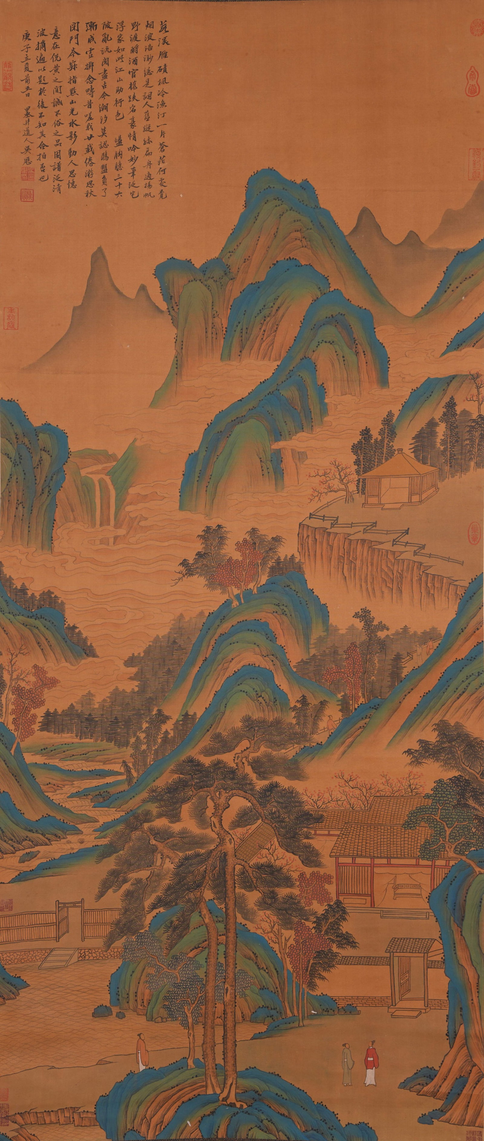 A LANDSCAPE AND FIGURE PAINTING ON SILK BY WU LI.吳厯: Landscape and Figure Painting on Silk by Wu Li.吳厯