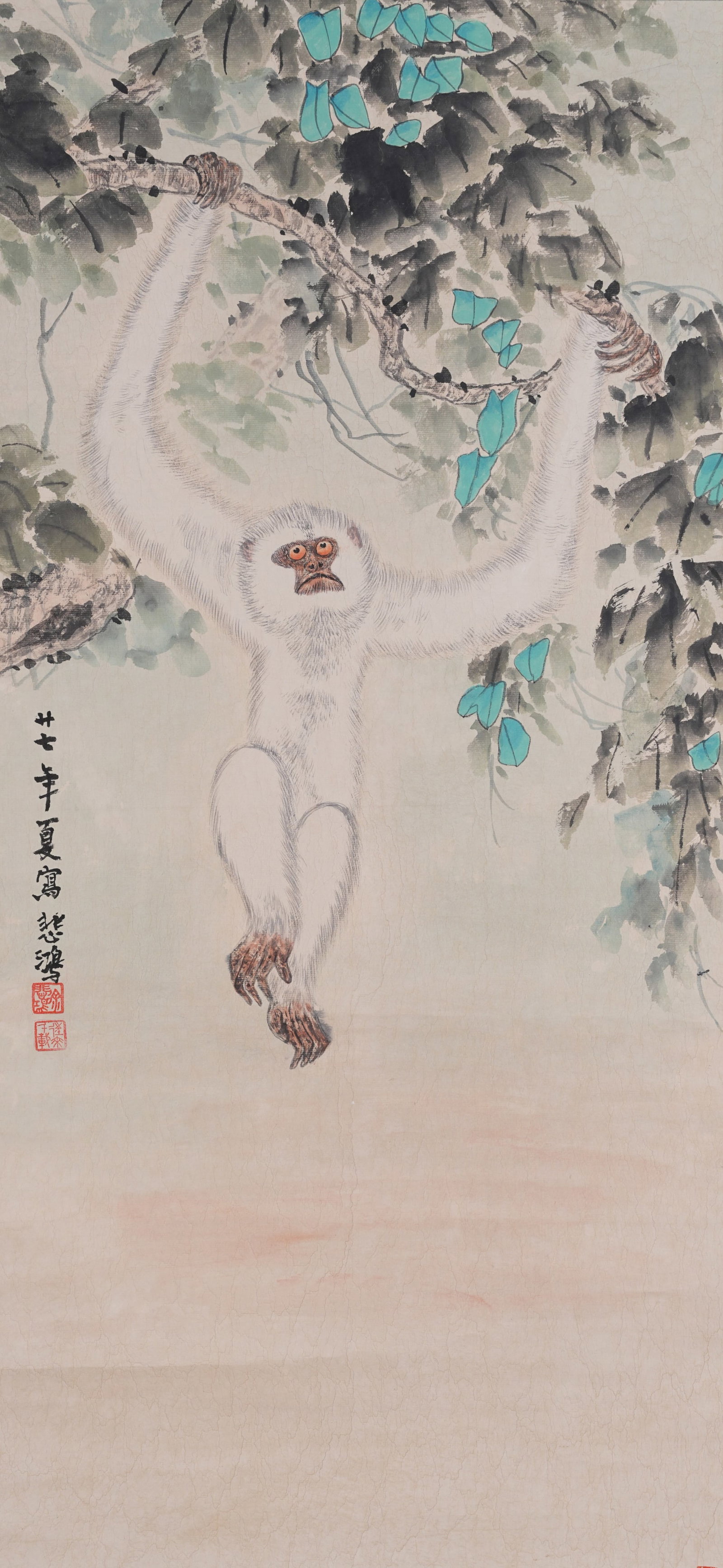 A WHITE APE PAINTING ON PAPER BY XU BEIHONG.徐悲鴻: White Ape Painting on Paper by Xu Beihong.徐悲鴻