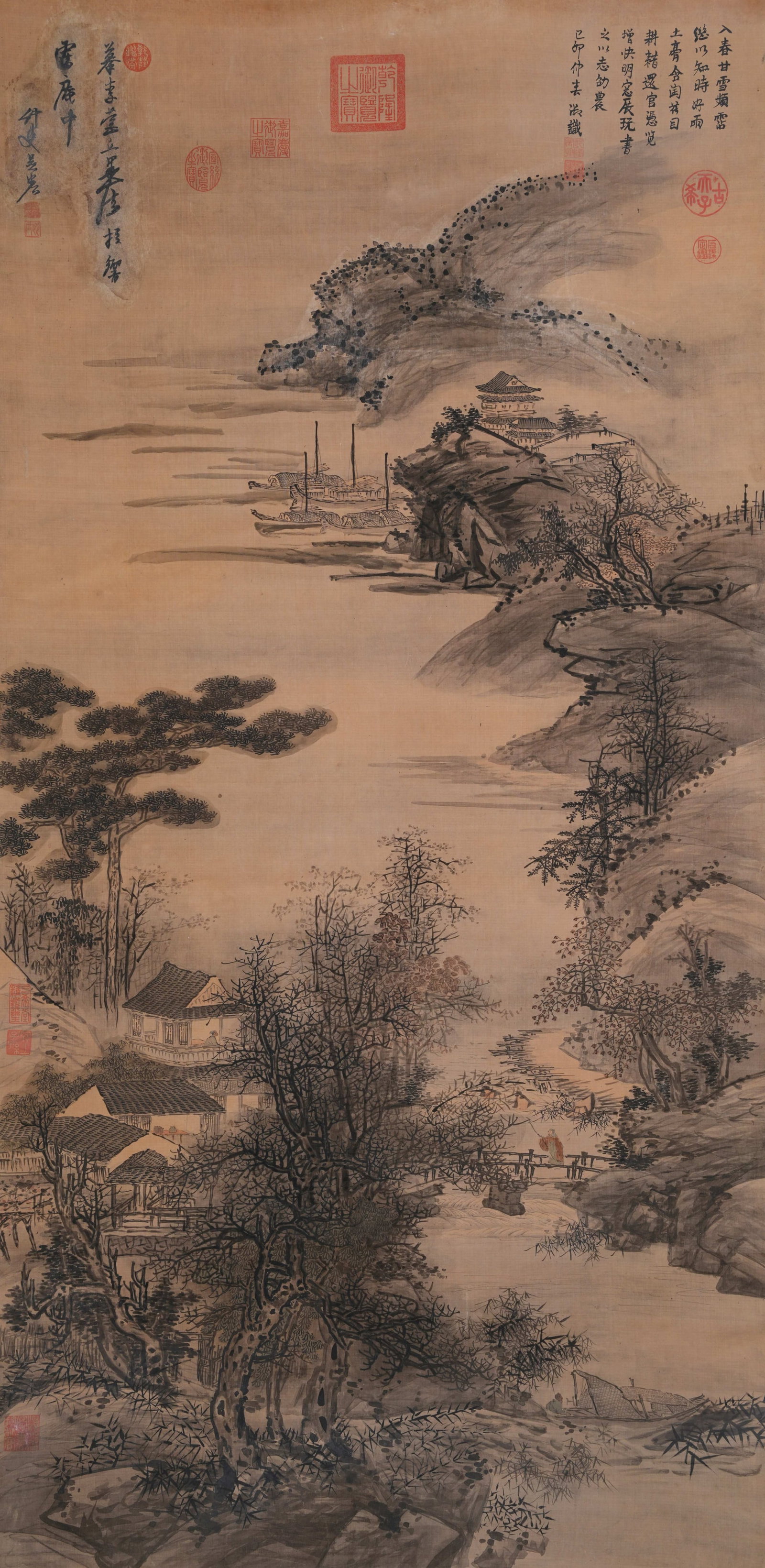 A LANDSCAPE PAINTING ON SILK BY WU YAN.吳岩: Landscape Painting on Silk by Wu Yan.吳岩