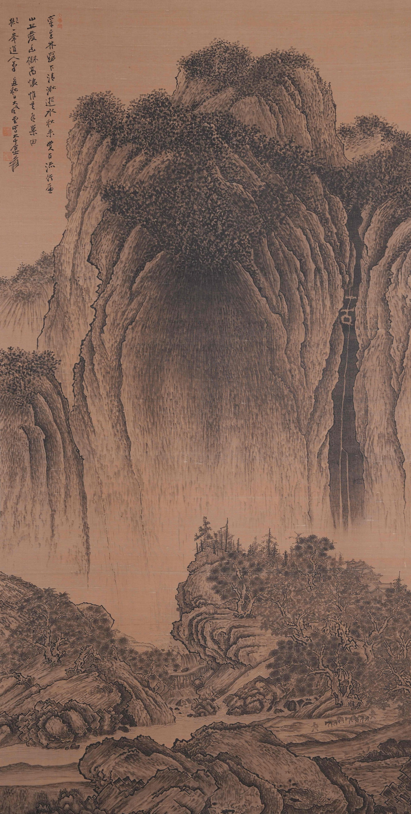 A LANDSCAPE PAINTING ON SILK BY ZHANG DAQIAN.張大千: Landscape Painting on Silk by Zhang Daqian.張大千