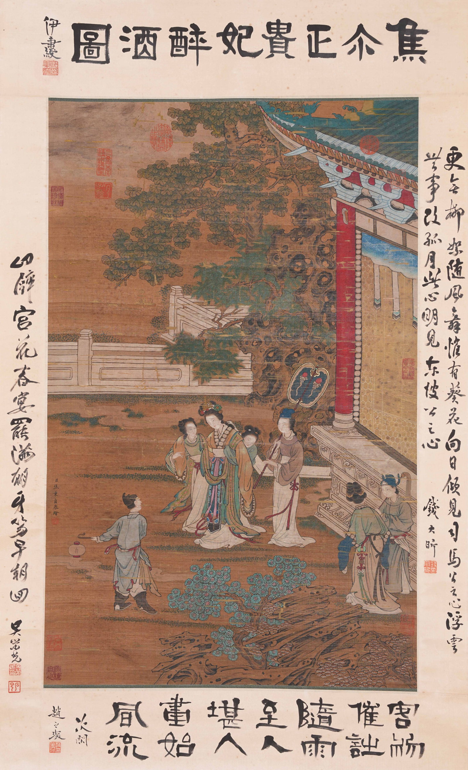 A DRUNKEN NOBLE CONSORT PAINTING ON SILK BY JIAO BINGZHEN.焦秉貞: Drunken Noble Consort Painting on Silk by Jiao Bingzhen.焦秉貞