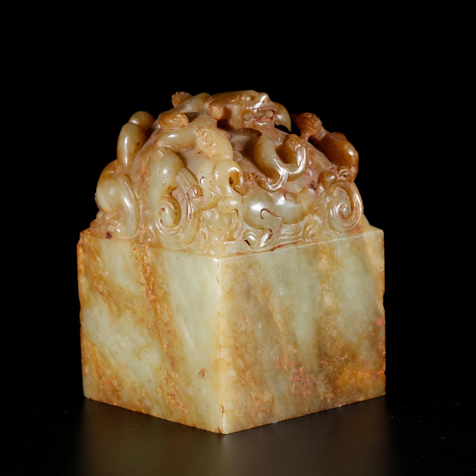 A HETIAN JADE SEAL CARVED WITH BEAST PATTERNS: Hetian Jade Seal Carved with Beast Patterns
