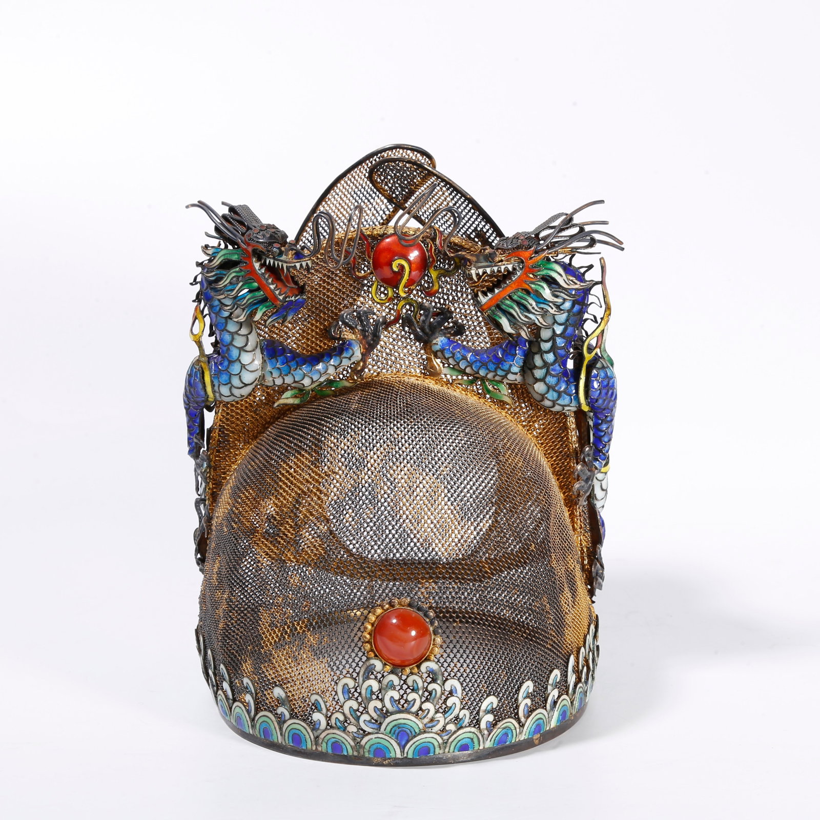 A GILT SILVER ENAMEL OFFICIAL HAT WITH DOUBLE DRAGONS PLAYING PEARL PATTERN: Gilt Silver Enamel Official Hat with Double Dragons Playing Pearl Pattern