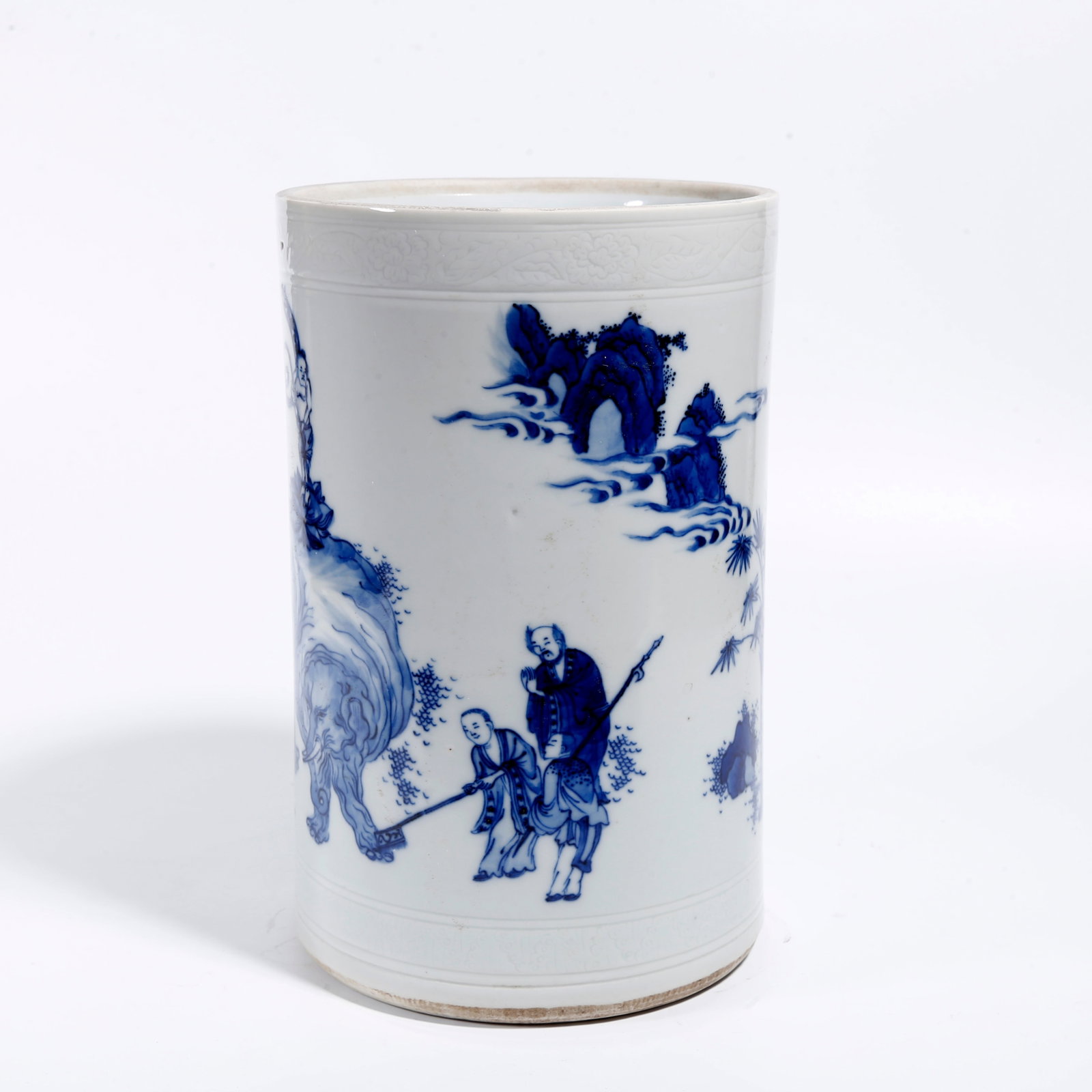 A BLUE AND WHITE BRUSH POT WITH FIGURE STORY PATTERN: Blue and White Brush Pot with Figure Story Pattern