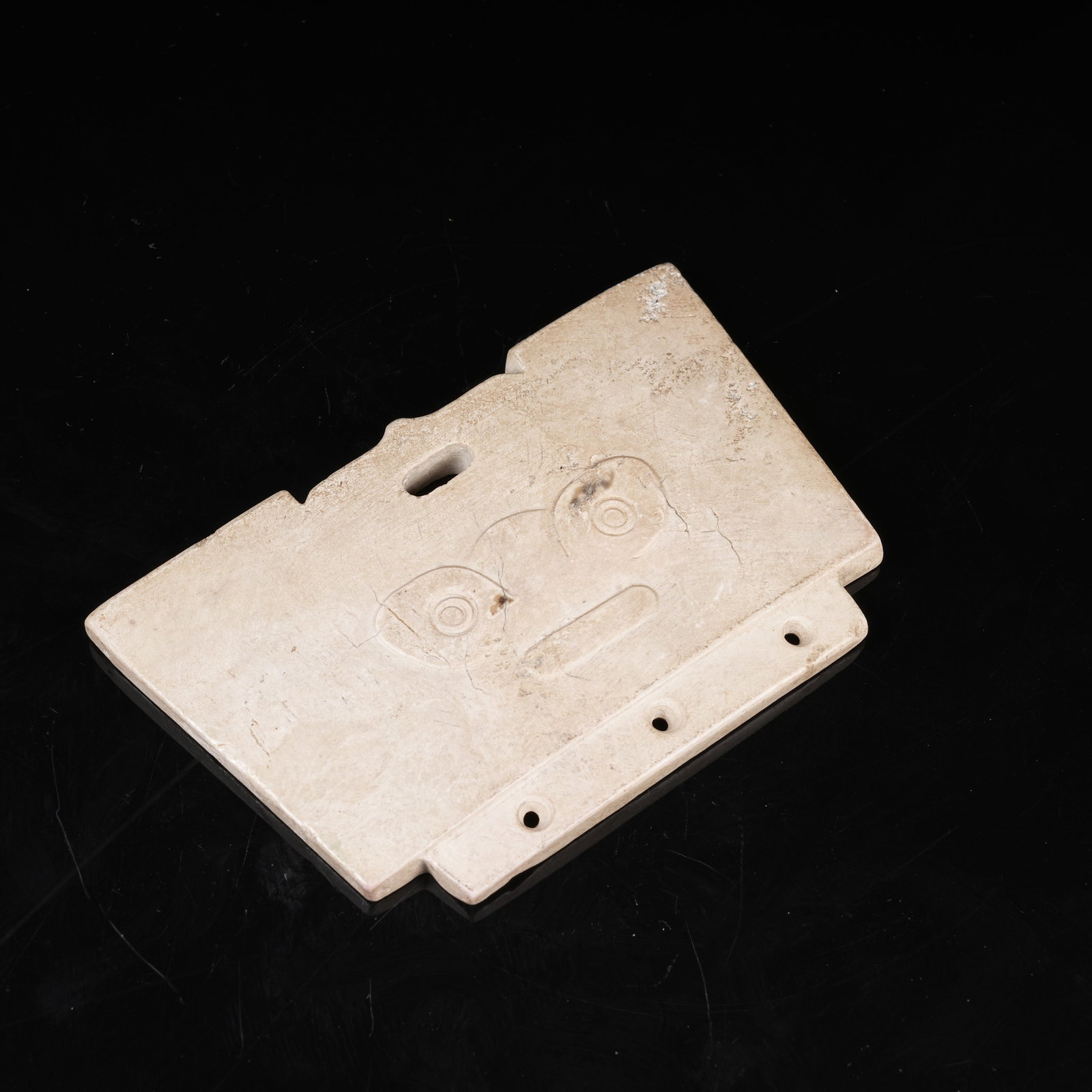A ARCHAIC JADE PENDANT WITH DIVINE HUMAN MASK: Archaic Jade Pendant with Divine Human Mask