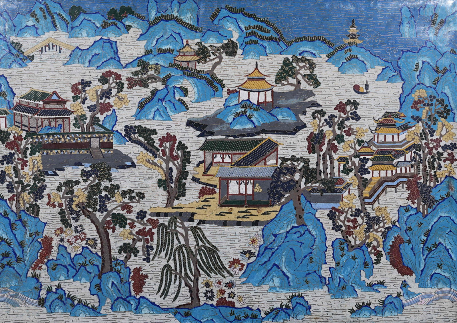 A LANDSCAPE AND PAVILION HANGING SCREEN WITH RED SANDALWOOD FRAME AND CLOISONNÉ INLAY: Landscape and Pavilion Hanging Screen with Red Sandalwood Frame and Cloisonné Inlay