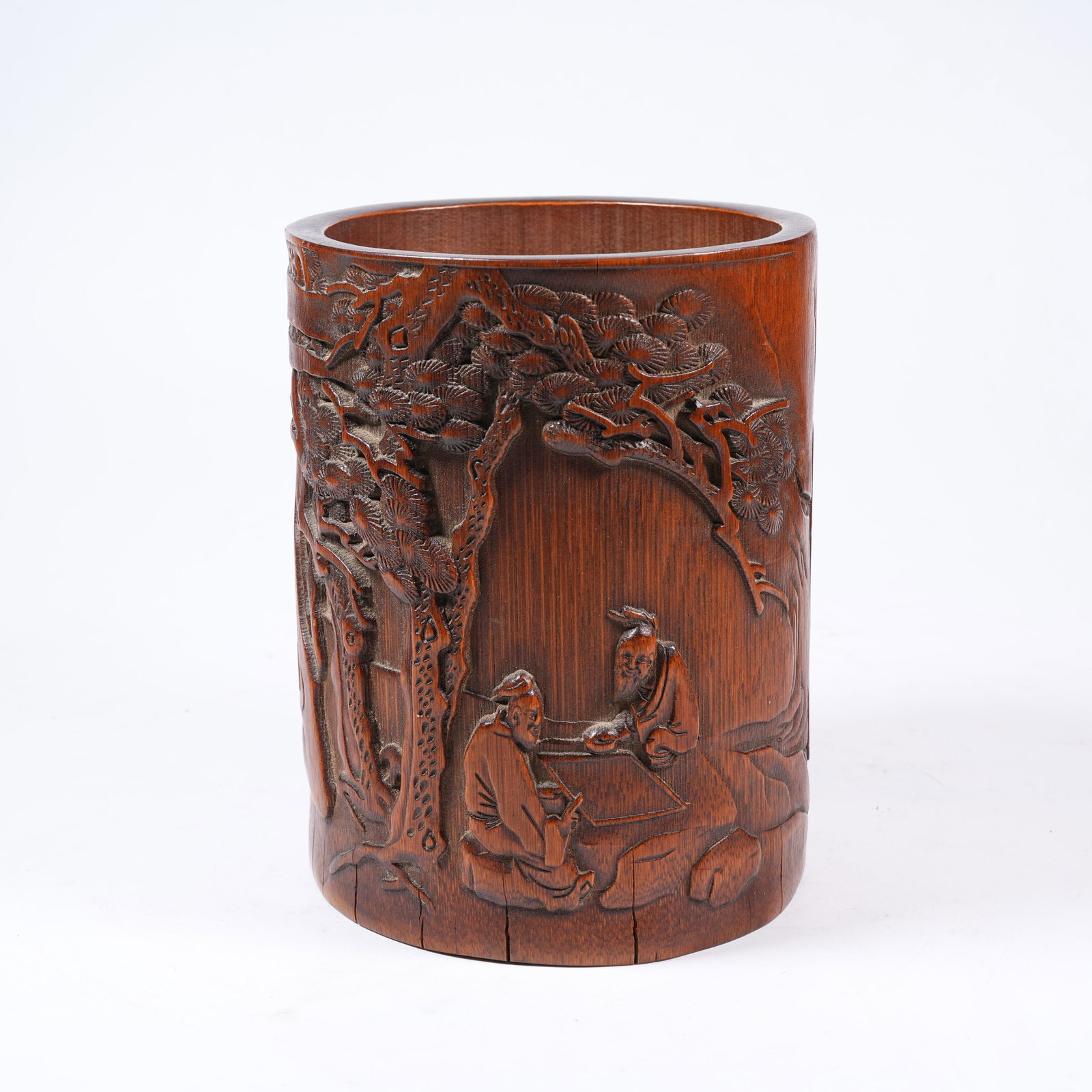 A BAMBOO ROOT CARVED BRUSH POT WITH EMINENT SCHOLARS UNDER PINES SCENE (1 of 9)