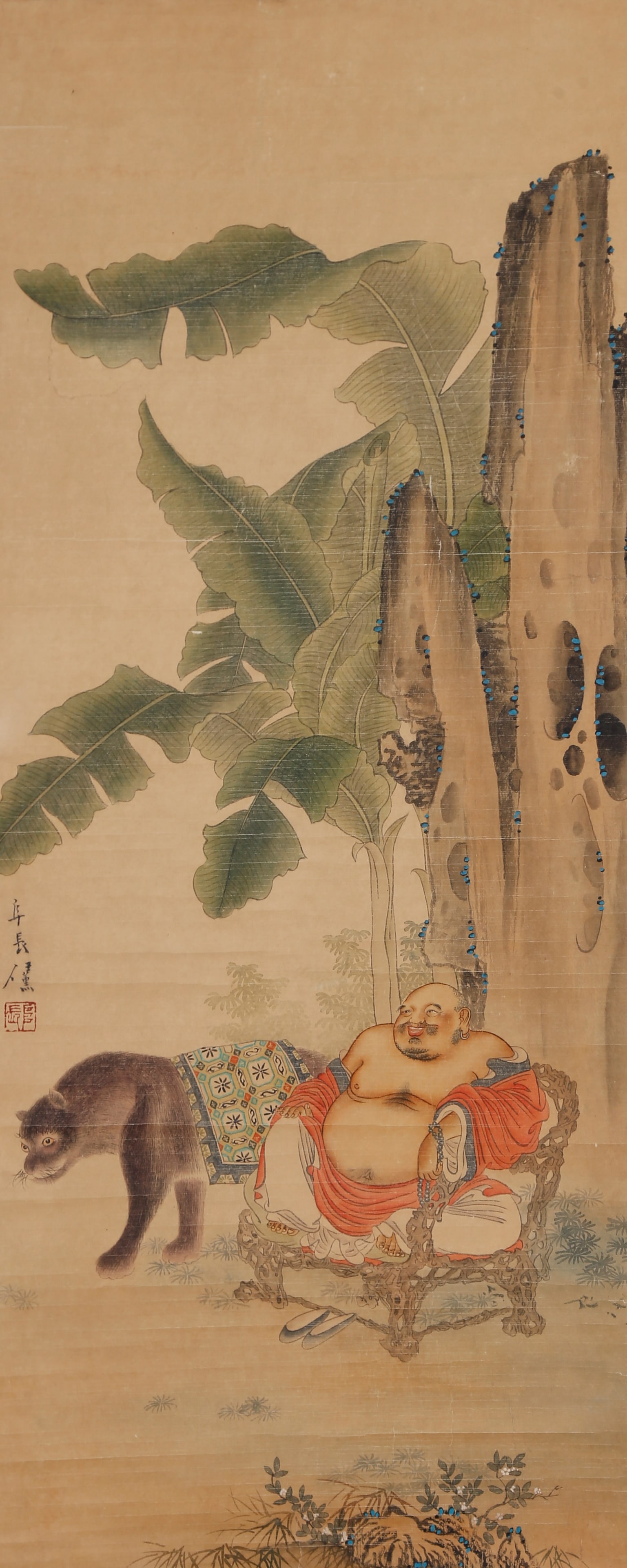 A ARHAT PAINTING ON PAPER BY REN XUN.任薰: Arhat Painting on Paper by Ren Xun.任薰