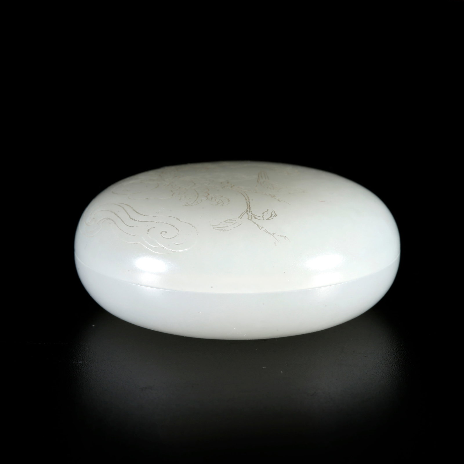 A FLOWER AND BIRD PATTERN HETIAN JADE INK PASTE BOX: Flower and Bird Pattern Hetian Jade Ink Paste Box