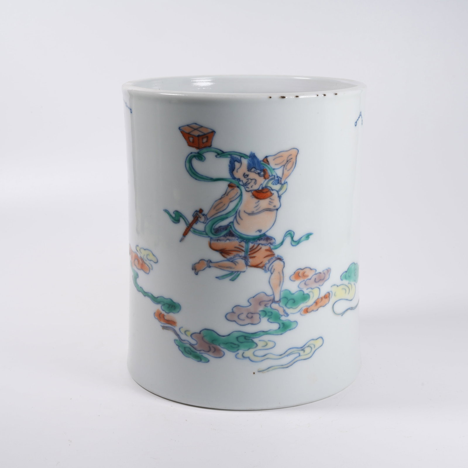 A DOUCAI BRUSH POT WITH KUIXING DOTTING THE DIPPER PATTERN: Doucai Brush Pot with Kuixing Dotting the Dipper Pattern