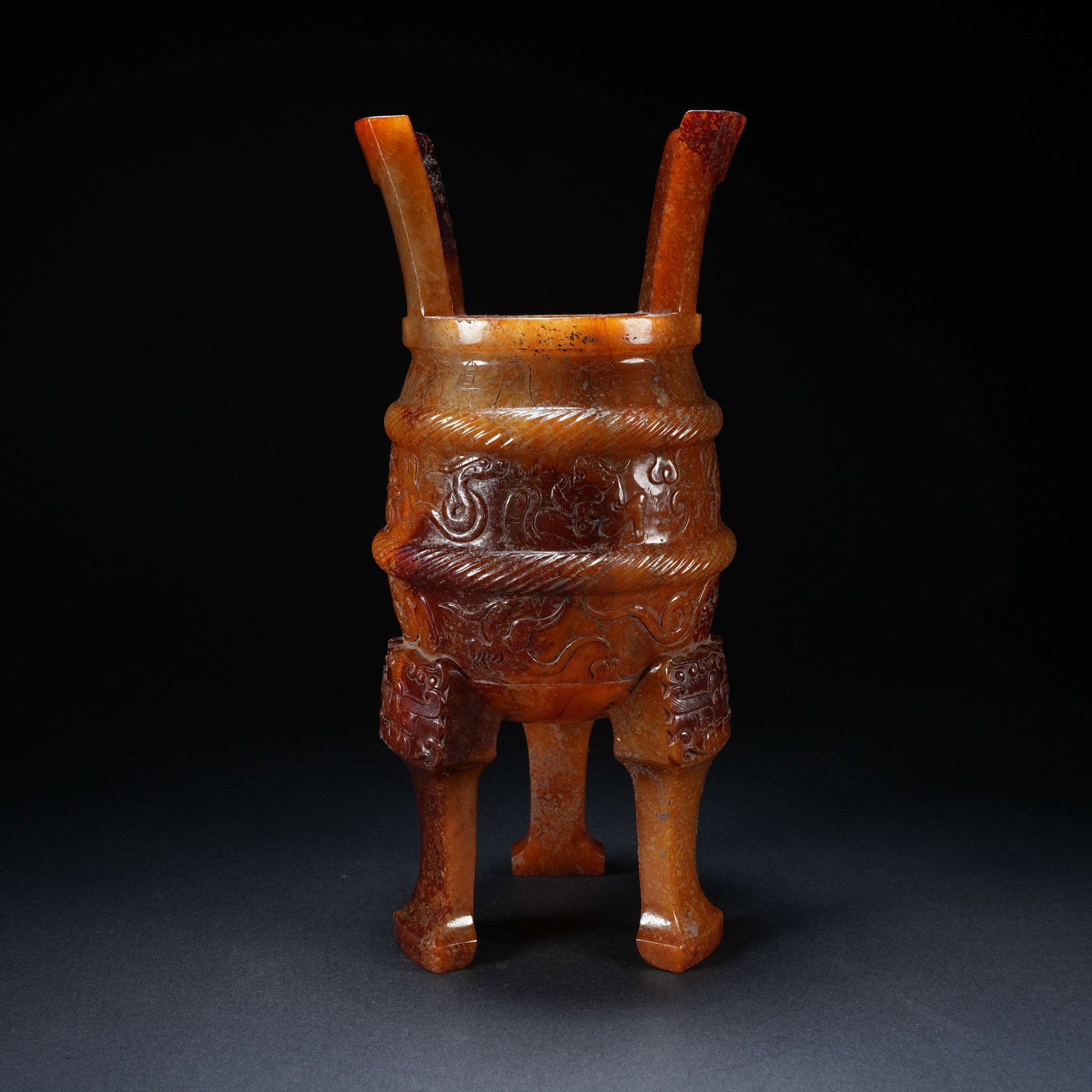 A ANCIENT JADE TRIPOD CENSER CARVED WITH POETRY AND HUNTING SCENE: Ancient Jade Tripod Censer Carved with Poetry and Hunting Scene