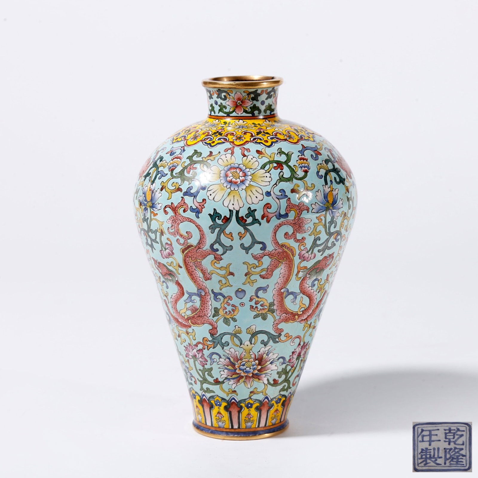 A CLOISONNE PLUM VASE WITH DRAGON AMID FLORAL SPRAYS PATTERN: Cloisonne Plum Vase with Dragon Amid Floral Sprays Pattern