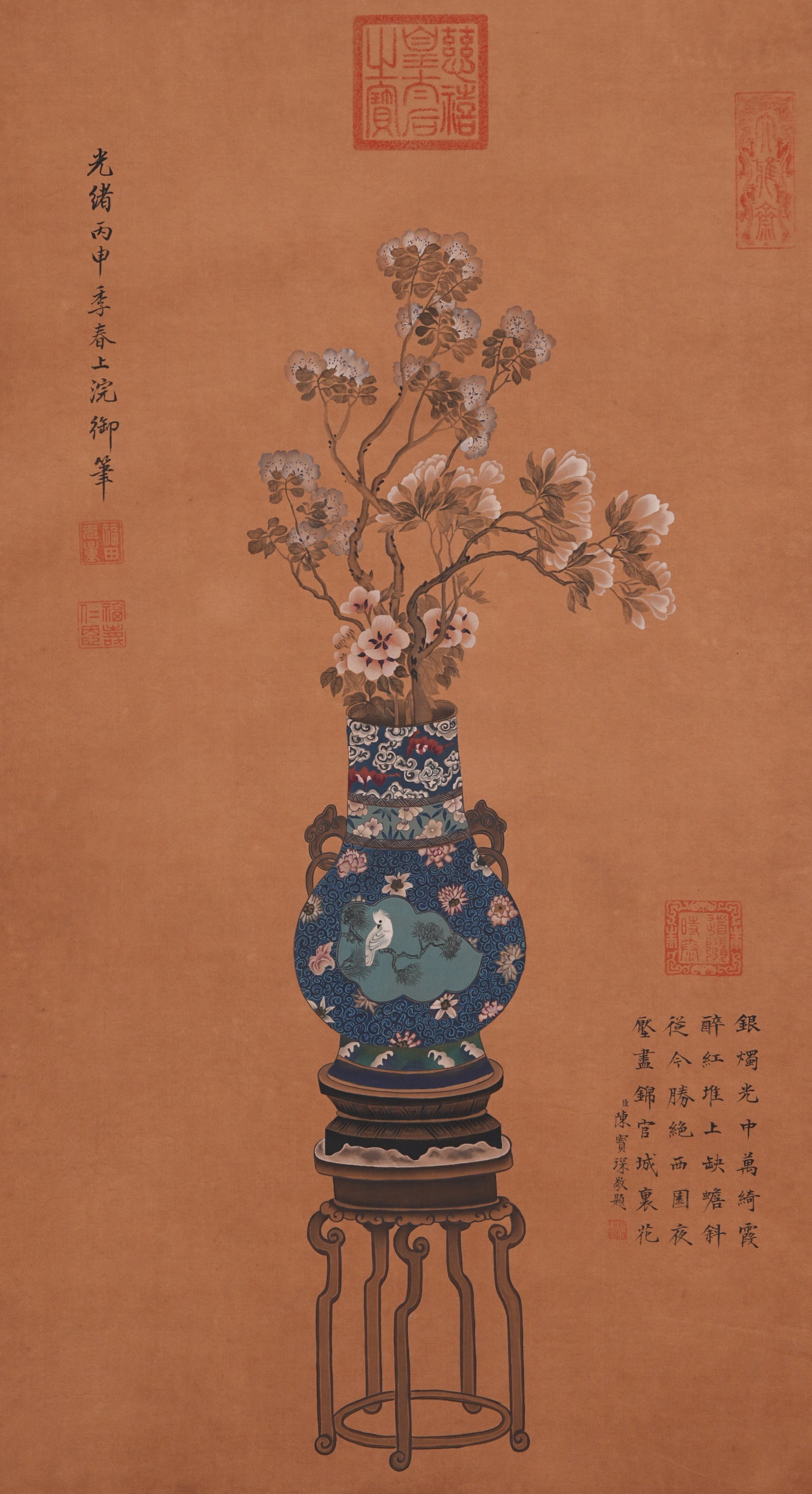 A VASE PAINTING ON SILK BY EMPRESS DOWAGER CIXI.慈禧: Vase Painting on Silk by Empress Dowager Cixi.慈禧