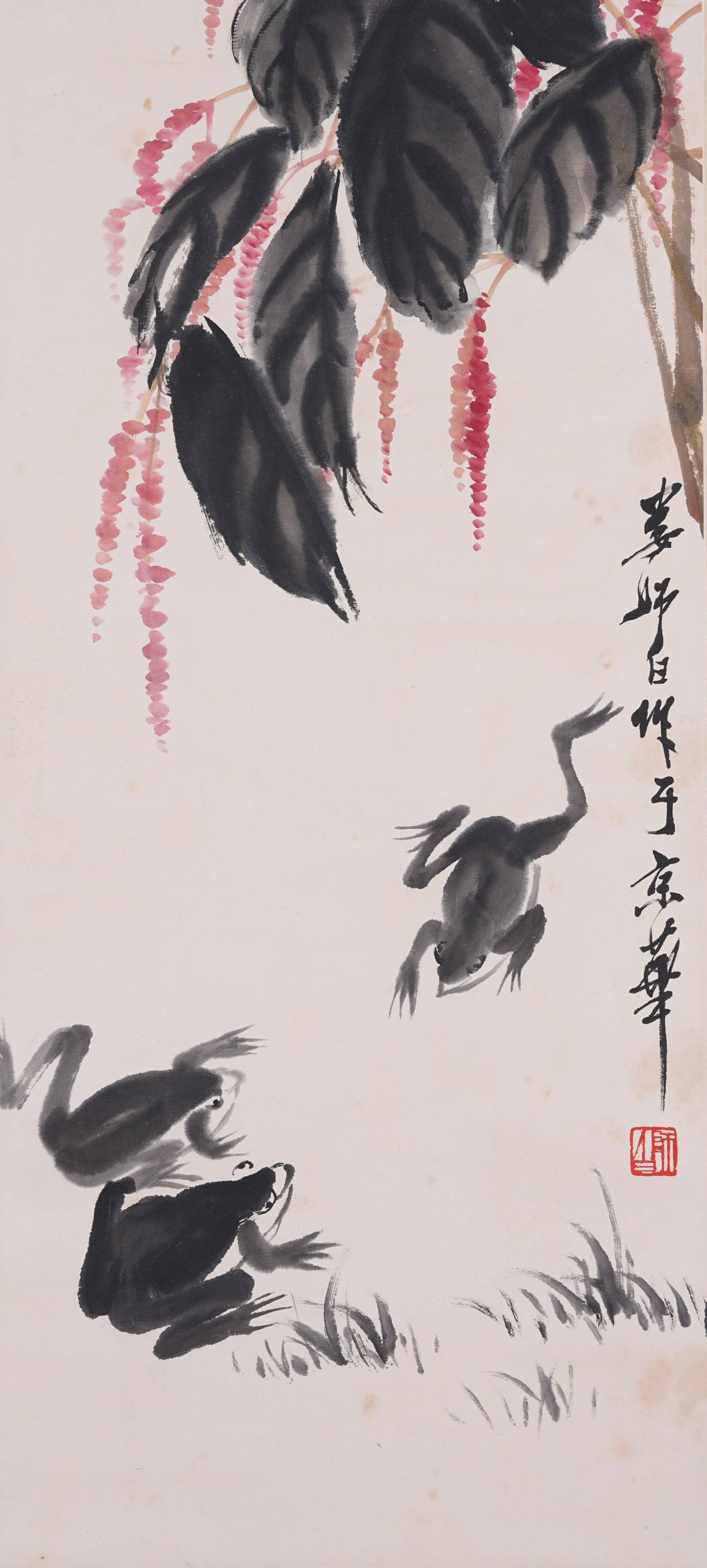 A RED SMARTWEED AND FROGS PAINTING ON PAPER BY LOU SHIBAI.婁師白 (1 of 8)